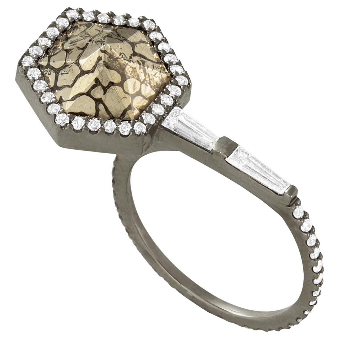 Monique Péan Pyritized Dinosaur Bone and White Diamond Ring, 18 Carat White Gold