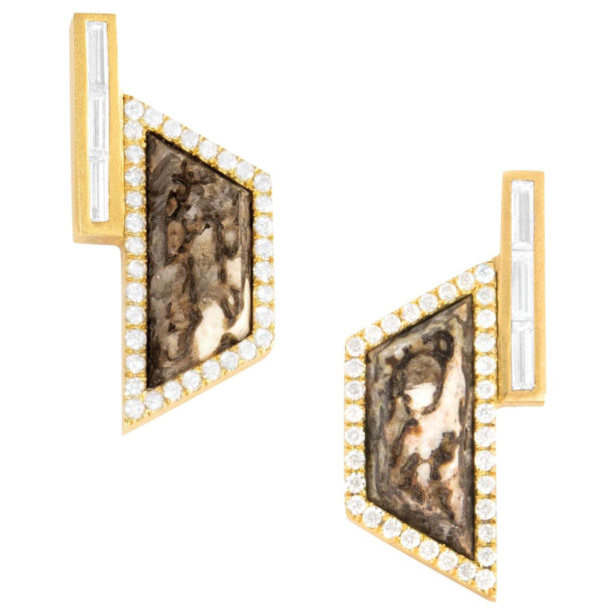 Monique Péan Umber Dinosaur Bone and White Diamond Earrings 18 Carat Yellow Gold For Sale