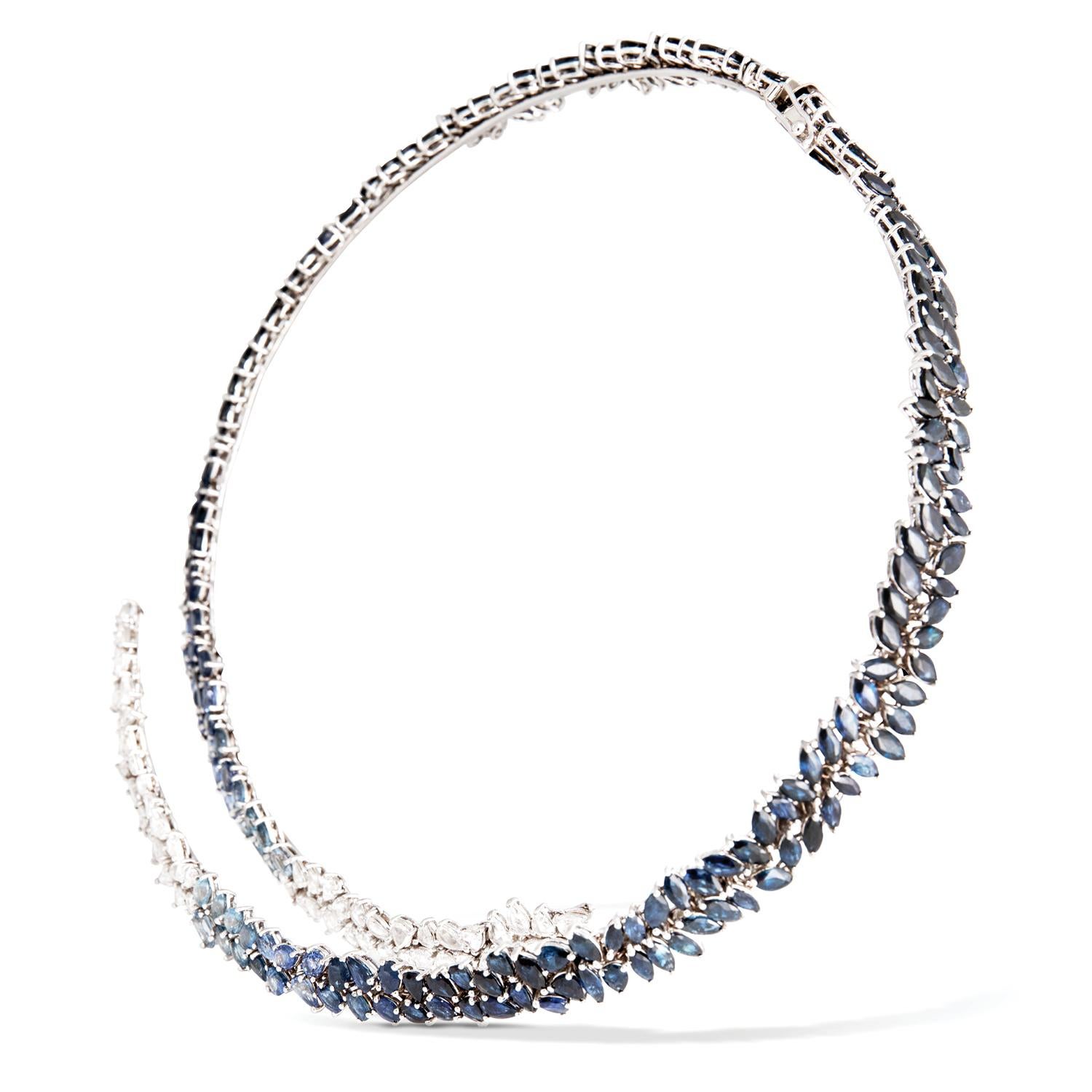 4.20 carat white rose cut diamond and 47.70 carat ombre blue sapphire open ellipse necklace, 18 carat recycled white gold, 51.90 TCW  - One-of-a-kind

This rare diamond and blue sapphire open ellipse necklace is comprised of a unique curation of