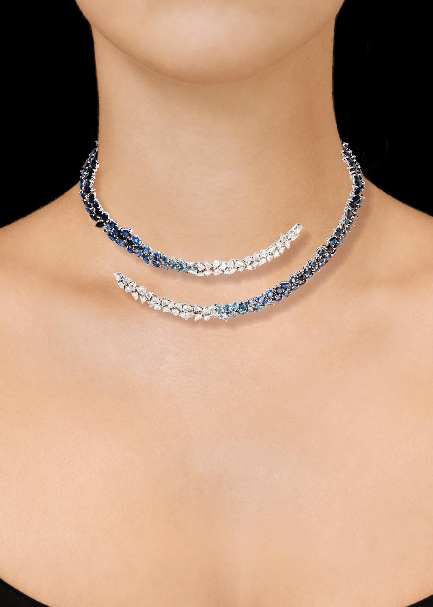 Rose Cut Monique Péan White Diamond and Ombré Blue Sapphire Open Ellipse Necklace For Sale