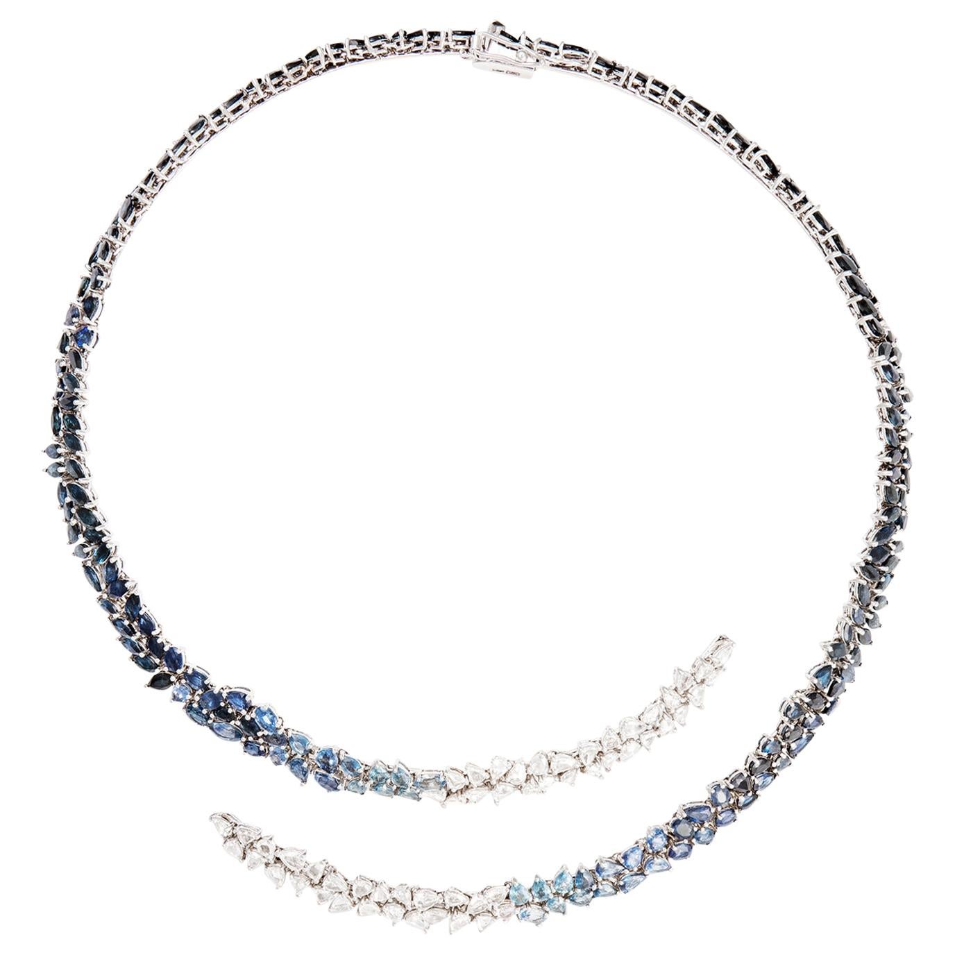 Monique Péan White Diamond and Ombré Blue Sapphire Open Ellipse Necklace For Sale