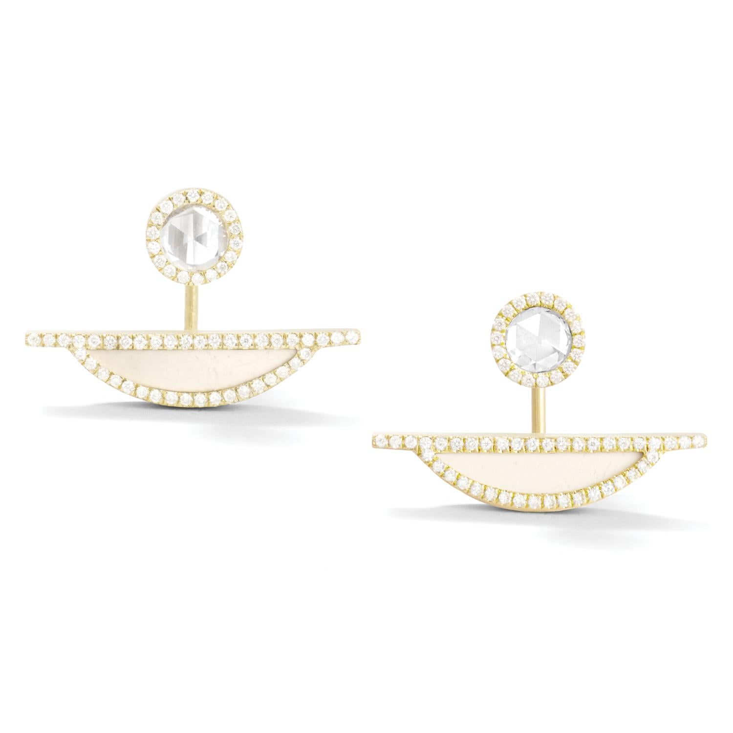 1.00 carat white rose cut diamond and ivory jasper earrings with white diamond pavé, front-back, 18 carat recycled yellow gold, 1.21 TCW  - One-of-a-kind

Ivory jasper crescents are illuminated by white rose-cut diamonds in this pair of earrings,