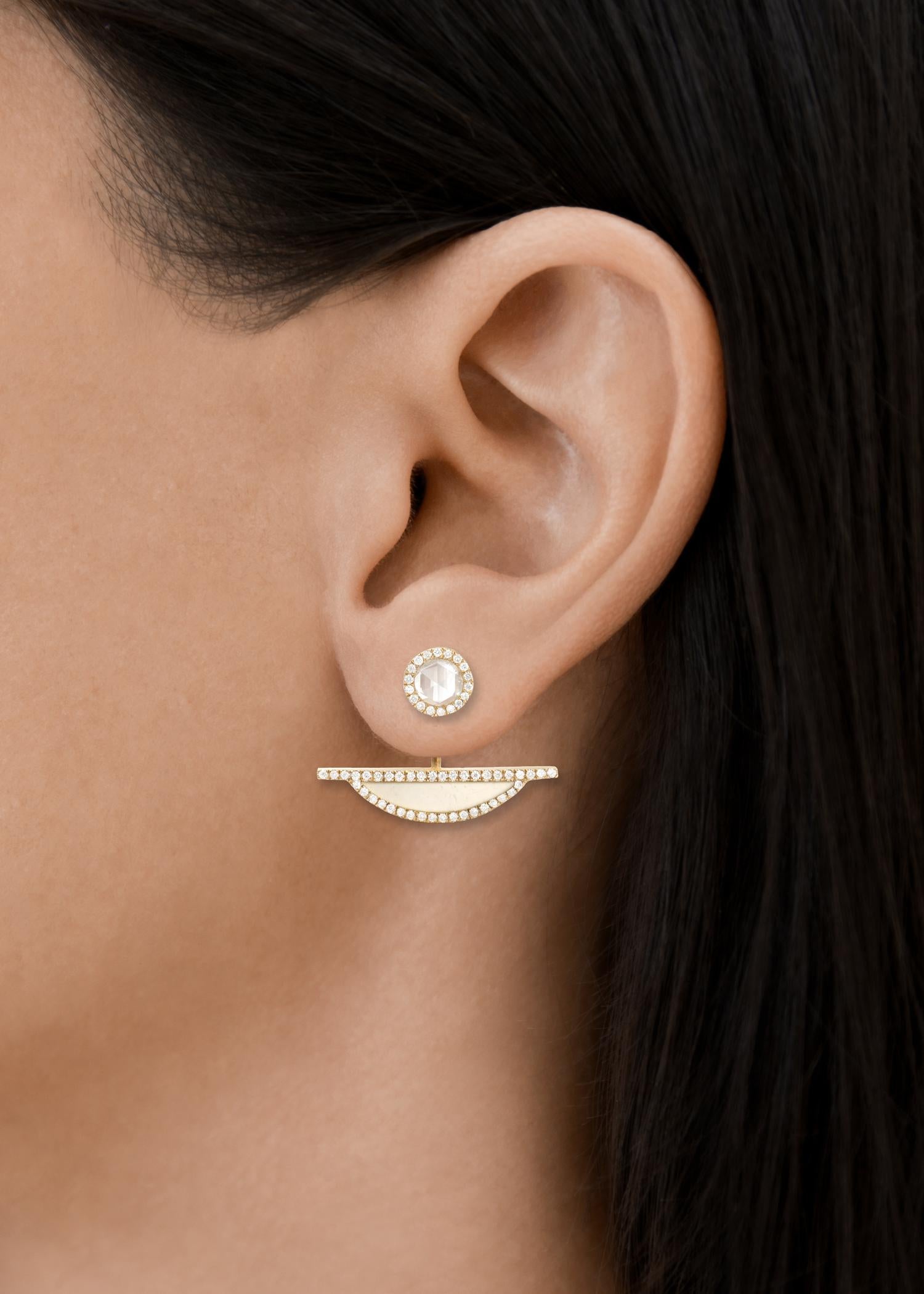 Women's or Men's Monique Péan White Rose Cut Diamond and Ivory Jasper Front-Back Earrings For Sale