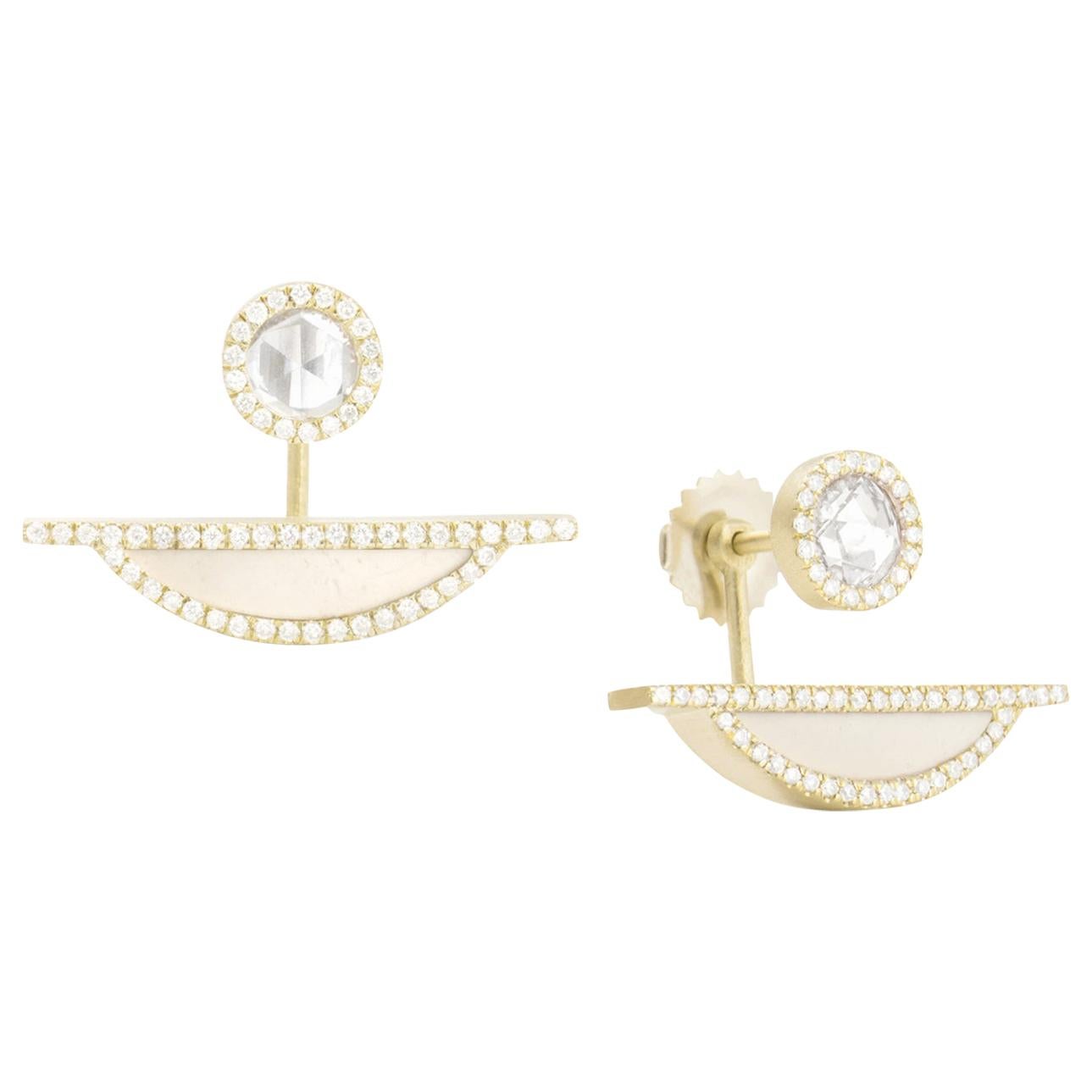 Monique Péan White Rose Cut Diamond and Ivory Jasper Front-Back Earrings For Sale