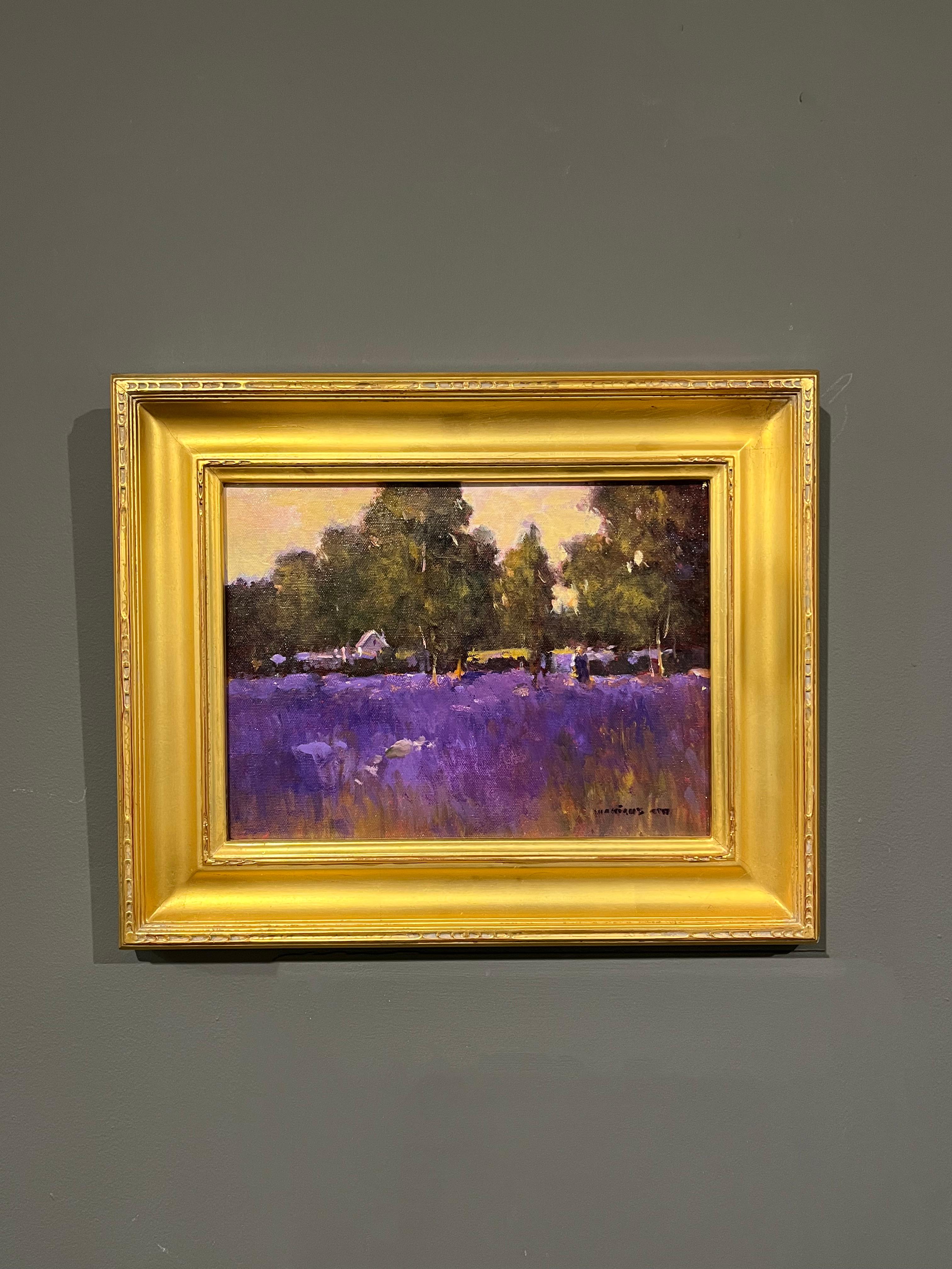 Monique Sakellarios, „Lavender Time“, 9x12 Figurative Landschaft, Ölgemälde im Angebot 1