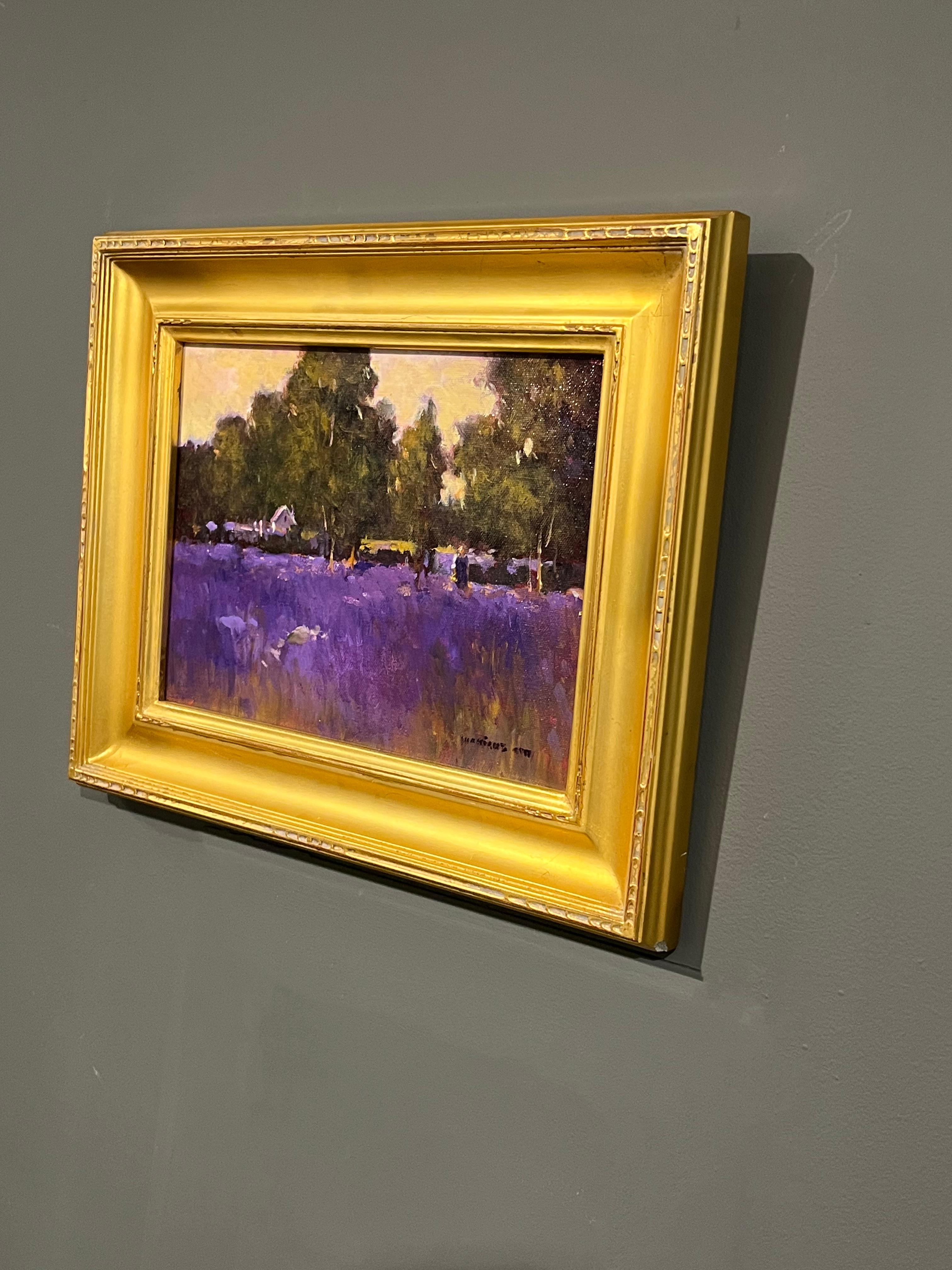 Monique Sakellarios, „Lavender Time“, 9x12 Figurative Landschaft, Ölgemälde im Angebot 2