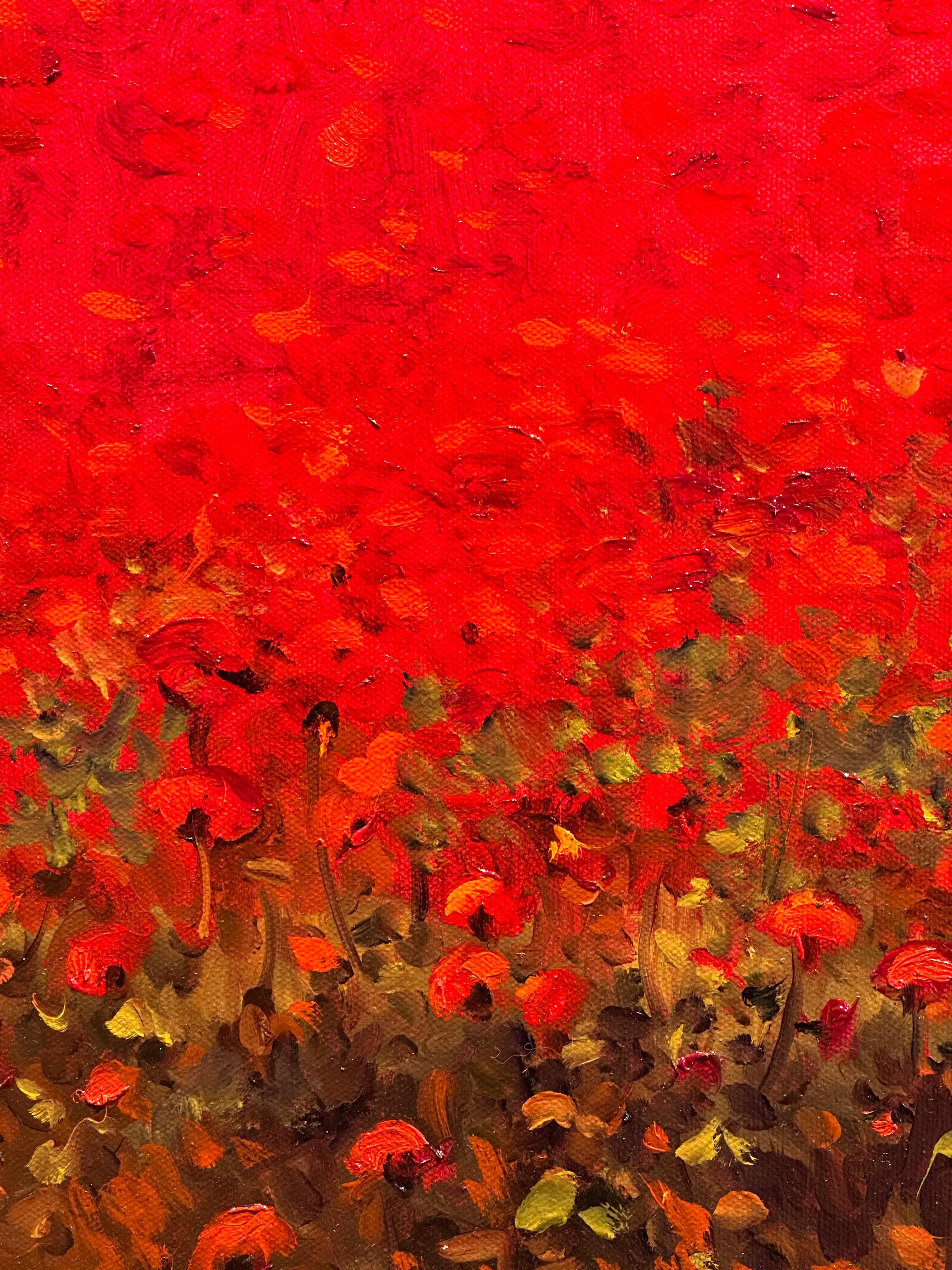 Sakellarios, « In the Mood for Poppies », peinture à l'huile de paysage à fleurs rouges - Rouge Landscape Painting par Monique Sakellarios