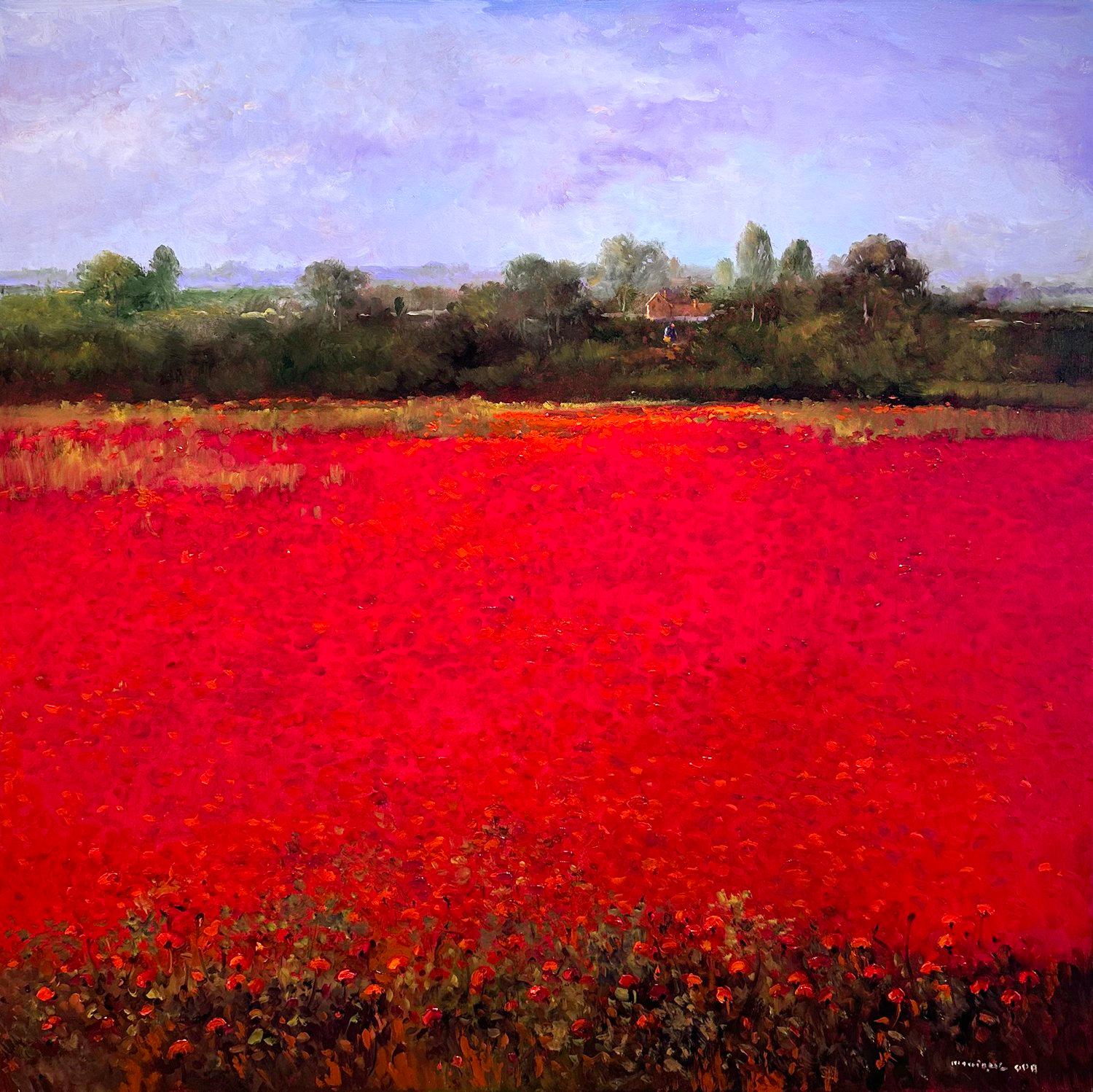 Monique Sakellarios Landscape Painting - Sakellarios, "In the Mood for Poppies", Red Floral Field Landscape Oil Painting 