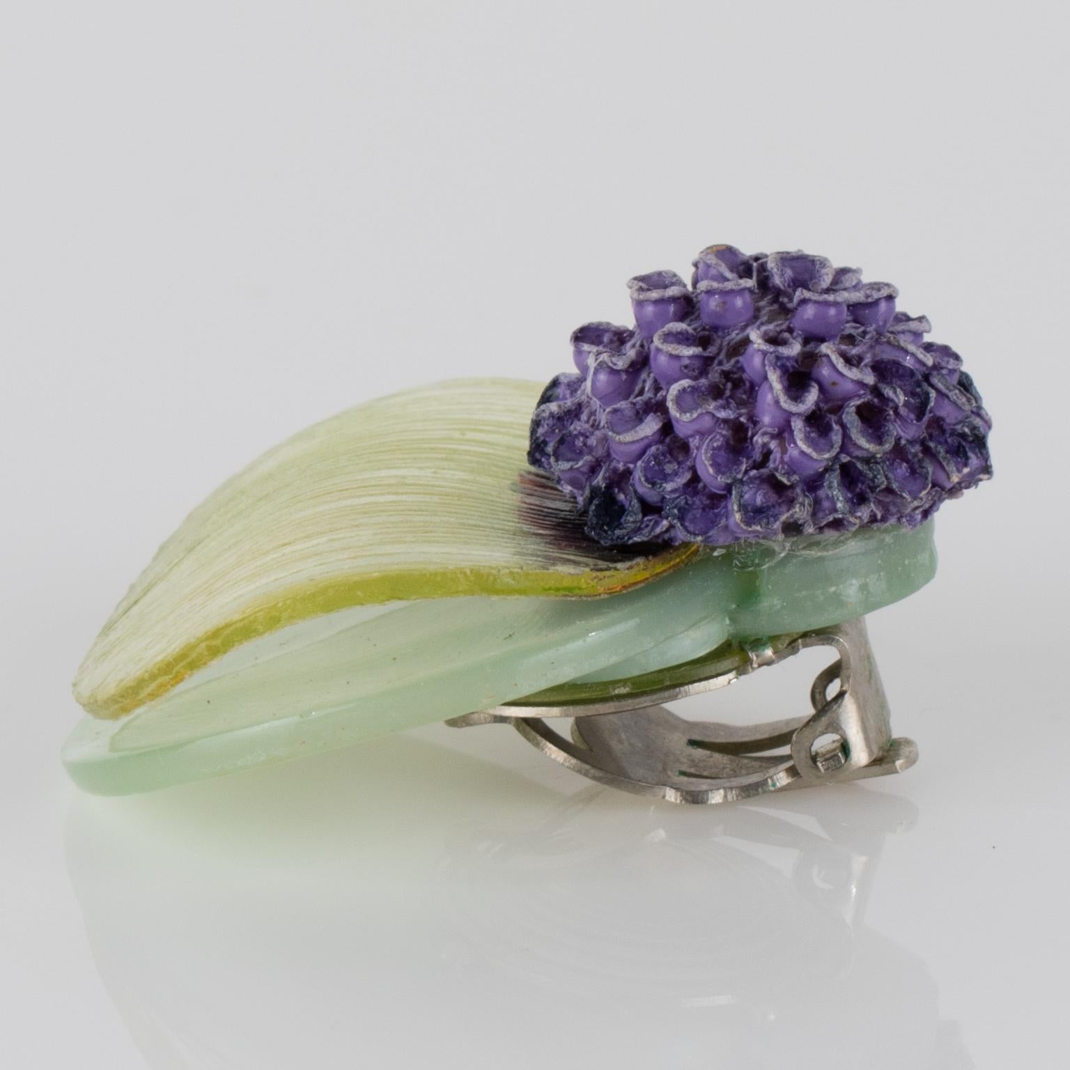 Boucles d'oreilles en résine Aqua Green et Lavender de Monique Vedie, Line Vautrin School en vente 2
