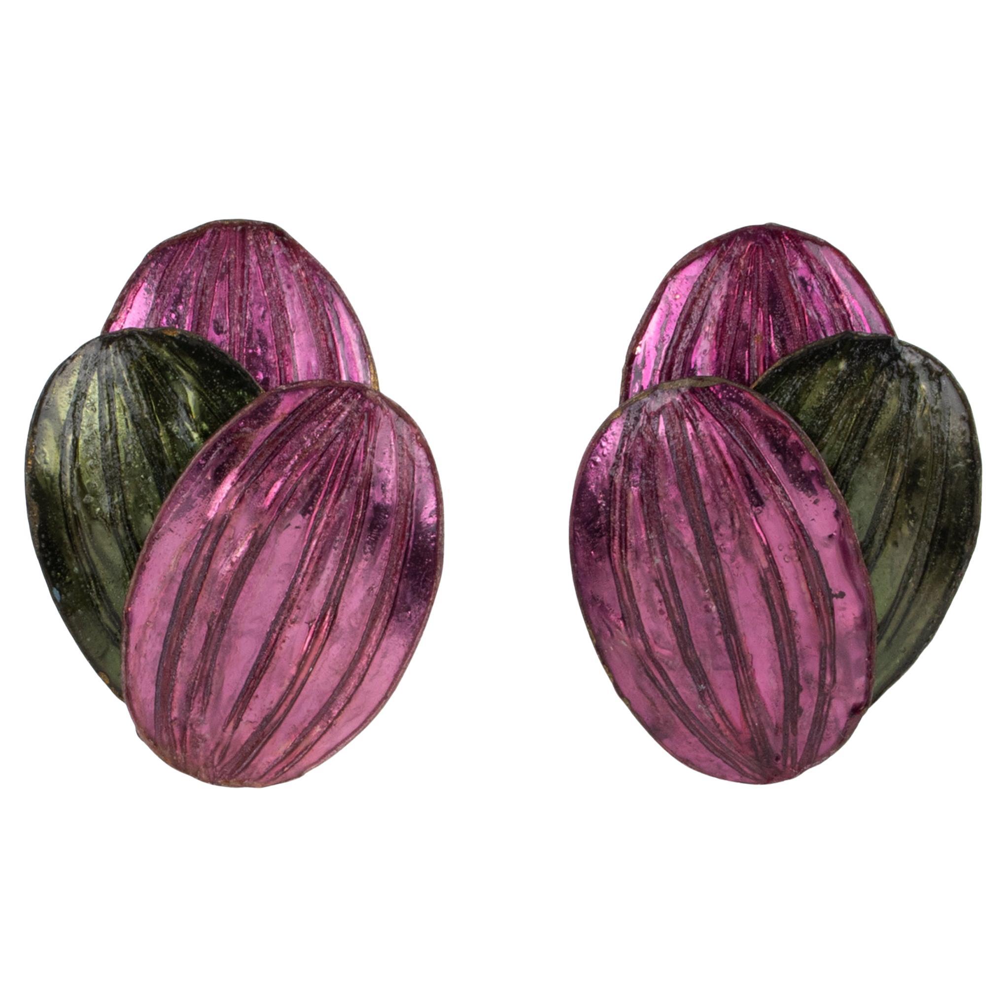 Monique Vedie Floral Green and Purple Resin Clip Earrings, Line Vautrin School