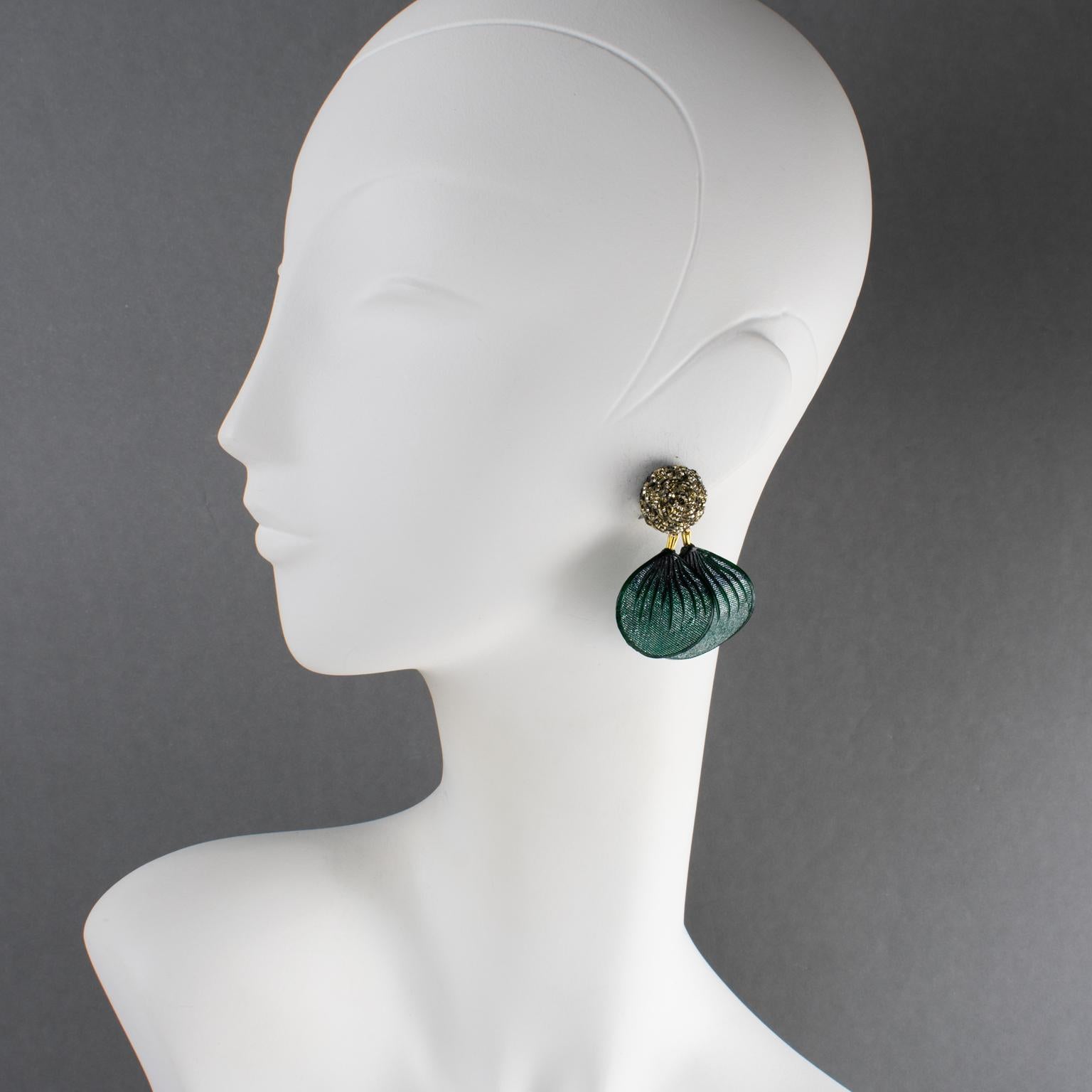 Modern Monique Vedie, Line Vautrin School Green Glitter Talosel Resin Clip Earrings For Sale