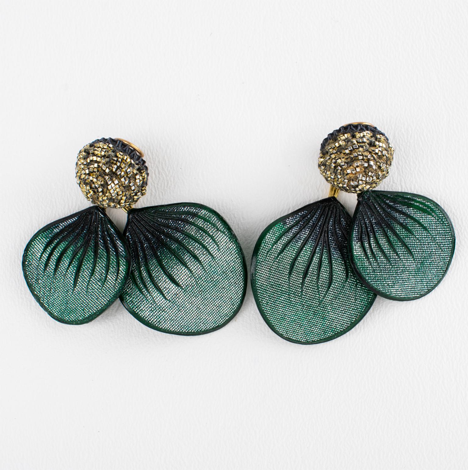Monique Vedie, Line Vautrin School Green Glitter Talosel Resin Clip Earrings In Excellent Condition For Sale In Atlanta, GA