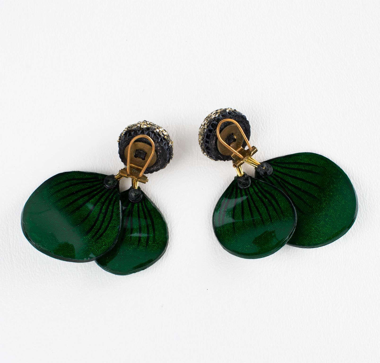 Women's or Men's Monique Vedie, Line Vautrin School Green Glitter Talosel Resin Clip Earrings For Sale