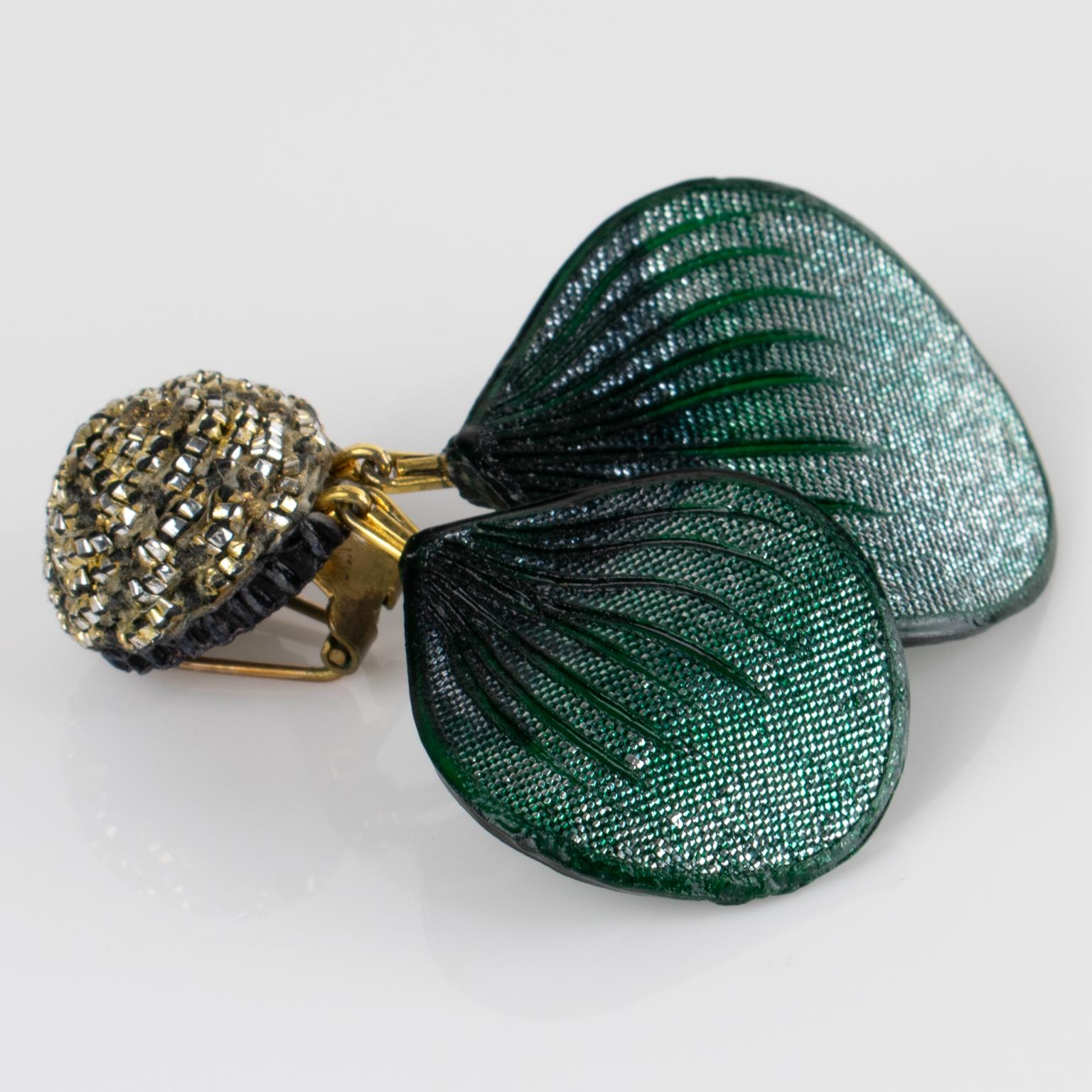Monique Vedie, Line Vautrin School Green Glitter Talosel Resin Clip Earrings For Sale 1