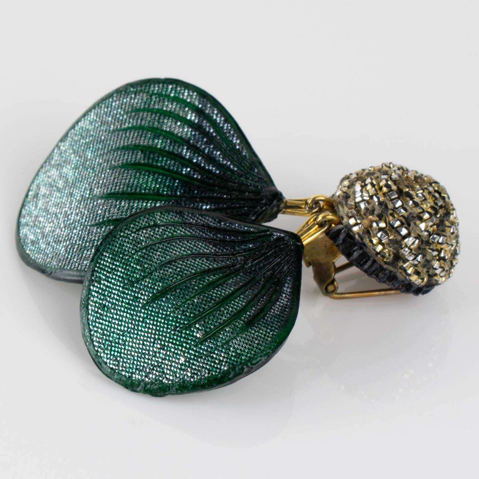 Monique Vedie, Line Vautrin School Green Glitter Talosel Resin Clip Earrings For Sale 2