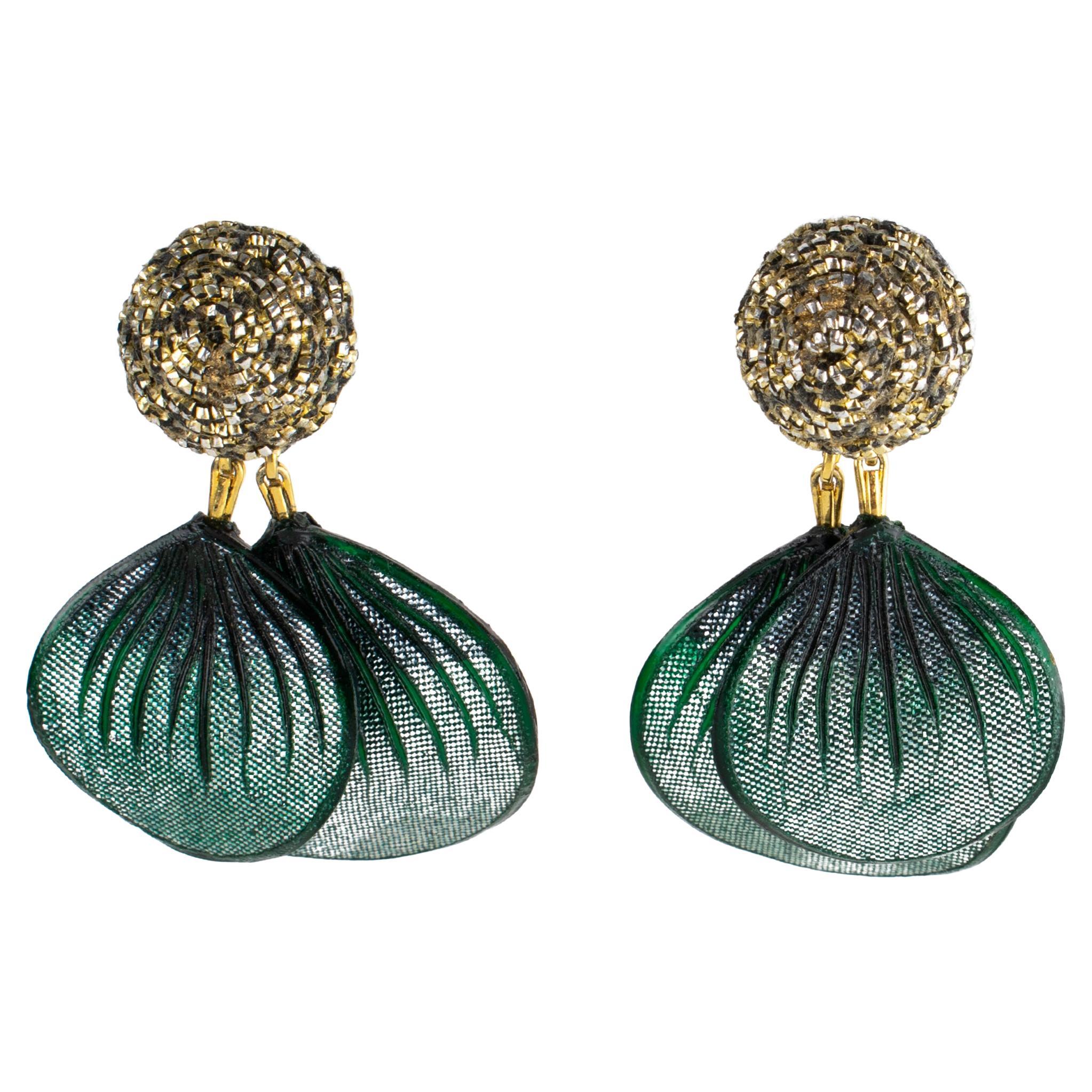 Monique Vedie, Line Vautrin School Green Glitter Talosel Resin Clip Earrings For Sale