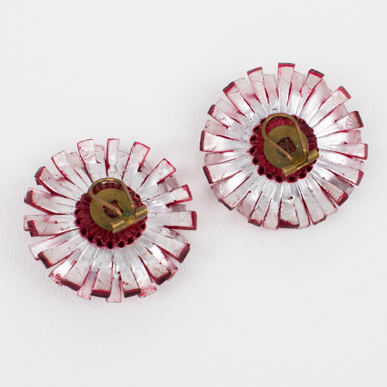 Monique Vedie, Line Vautrin Student Carmine Red Resin Thistle Clip Earrings In Good Condition For Sale In Atlanta, GA