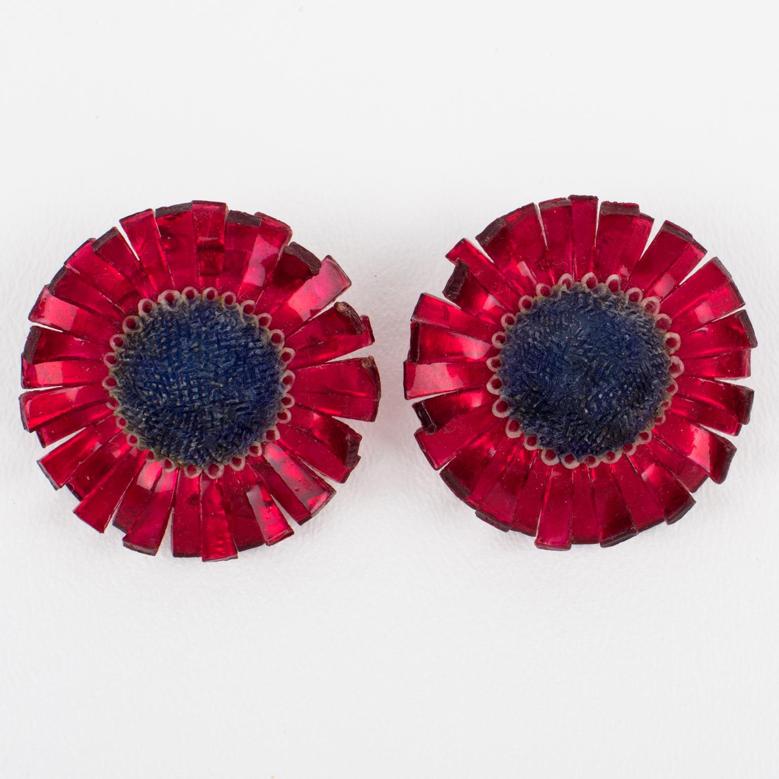 Monique Vedie, Line Vautrin Student Carmine Red Resin Thistle Clip Earrings For Sale 2