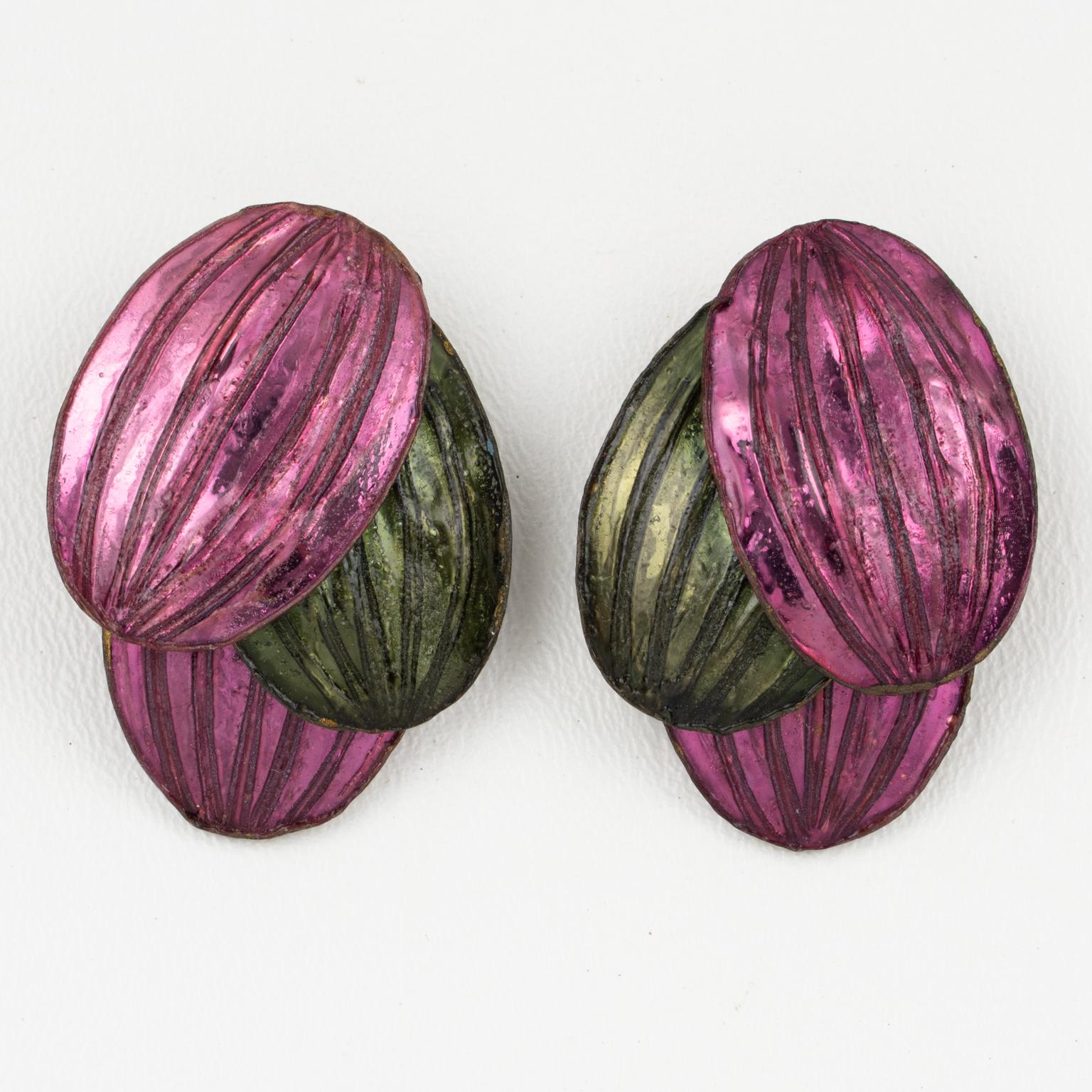 Modern Monique Vedie Line Vautrin Student Purple and Green Talosel Resin Clip Earrings For Sale