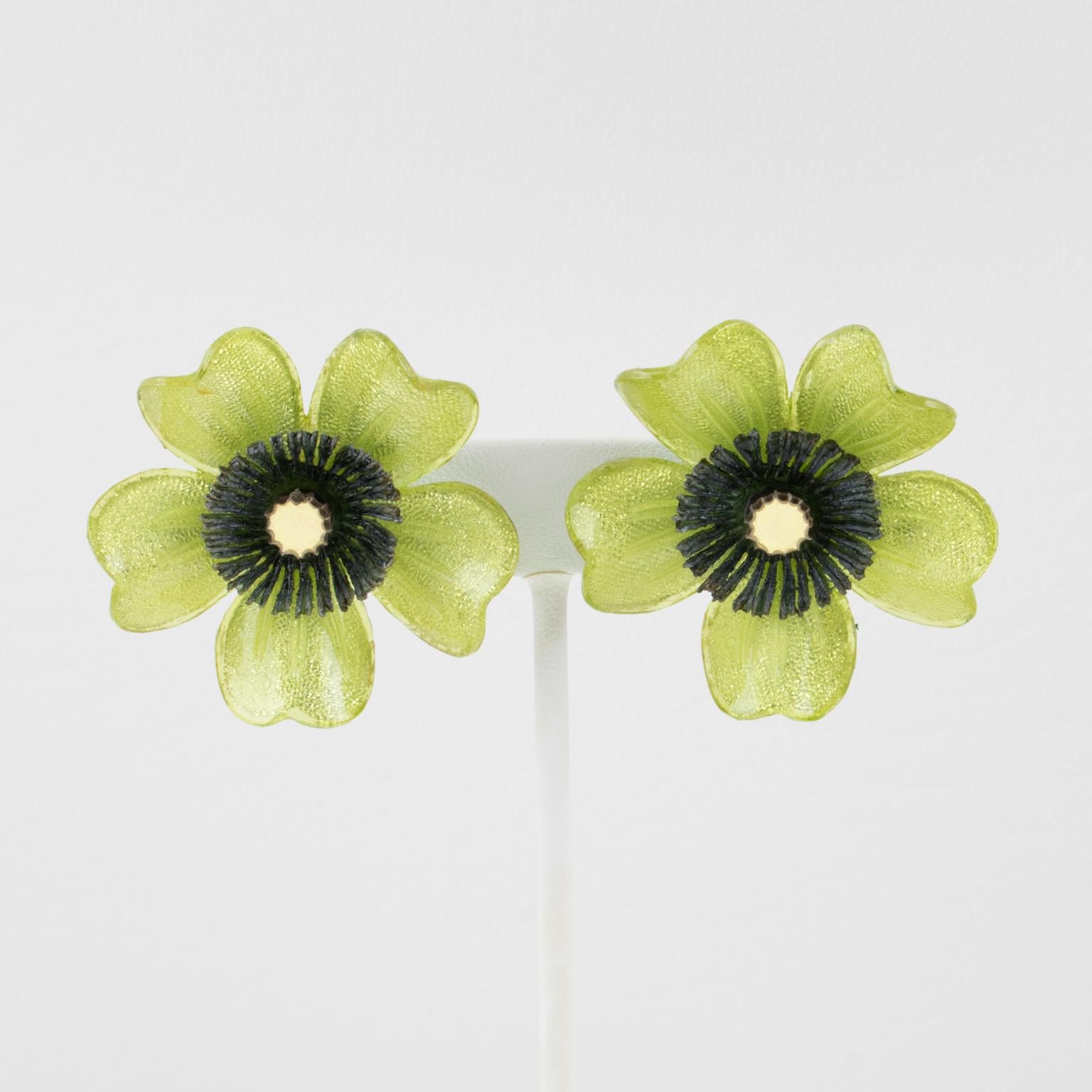 Monique Vedie, Line Vautrin Student Resin Clip Earrings Pistachio Flower For Sale 1