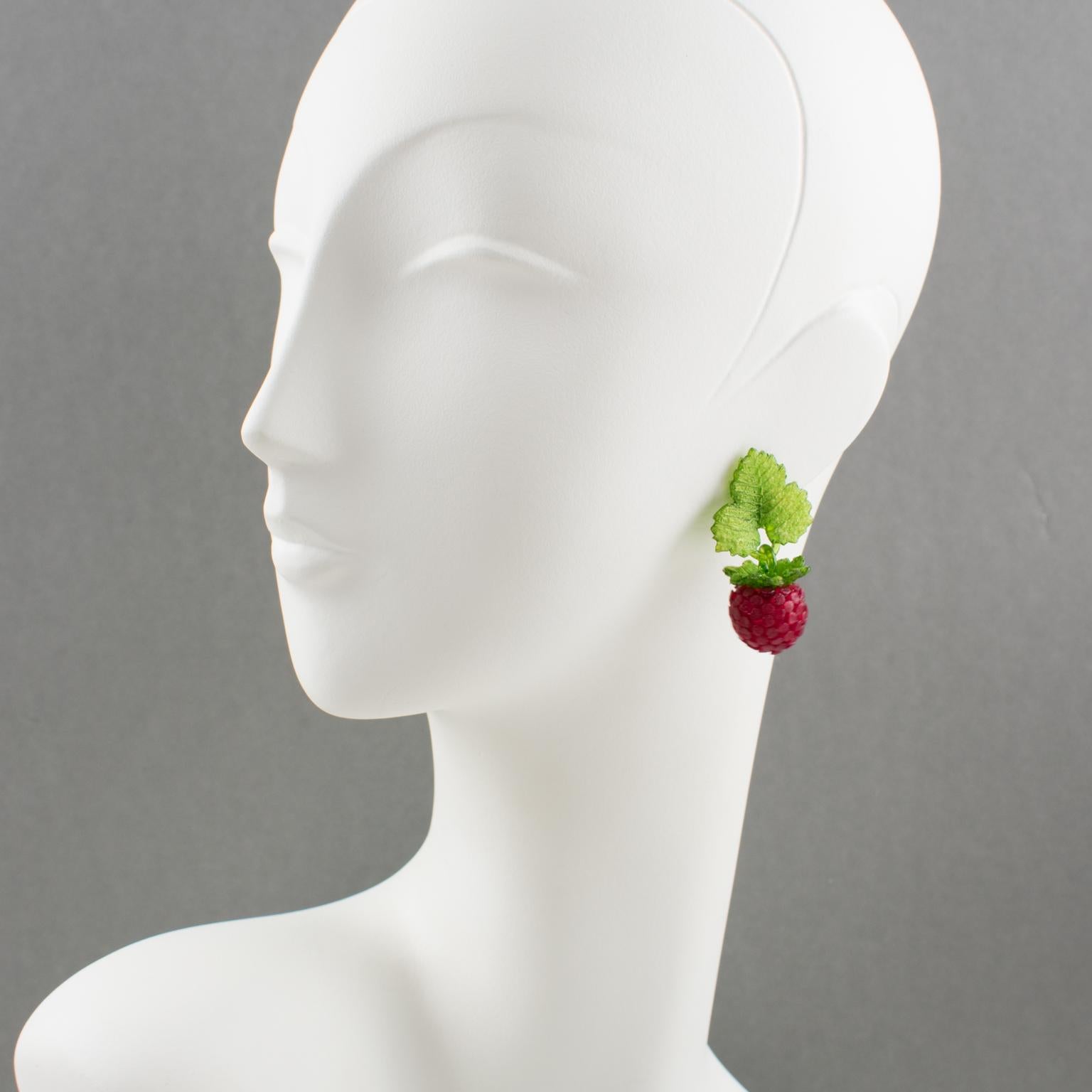 Lovely Monique Vedie Paris, resin clip-on earrings. Featuring raspberry and leaves dangling shape in lovely translucent red and green colors. French clip back marked 