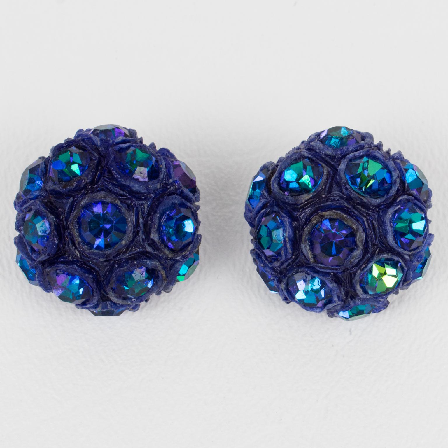 Modern Monique Vedie, Line Vautrin Student Talosel Resin Jeweled Blue Clip Earrings For Sale