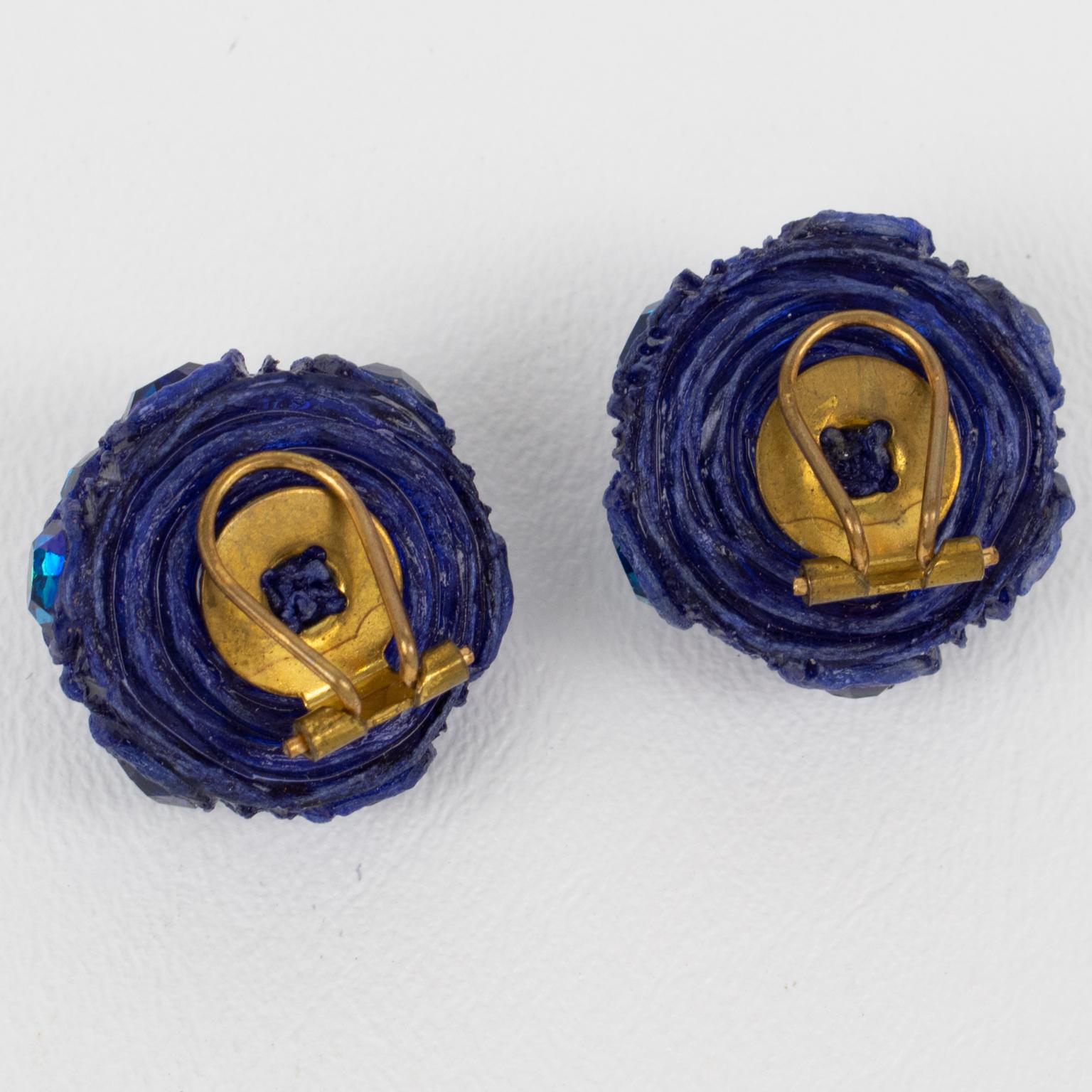 Monique Vedie, Line Vautrin Student Talosel Resin Jeweled Blue Clip Earrings In Excellent Condition For Sale In Atlanta, GA