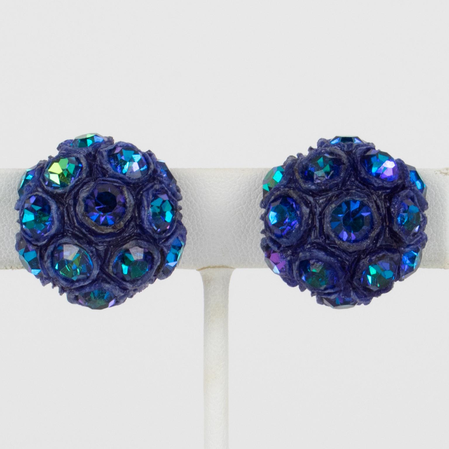 Monique Vedie, Line Vautrin Student Talosel Resin Jeweled Blue Clip Earrings For Sale 1
