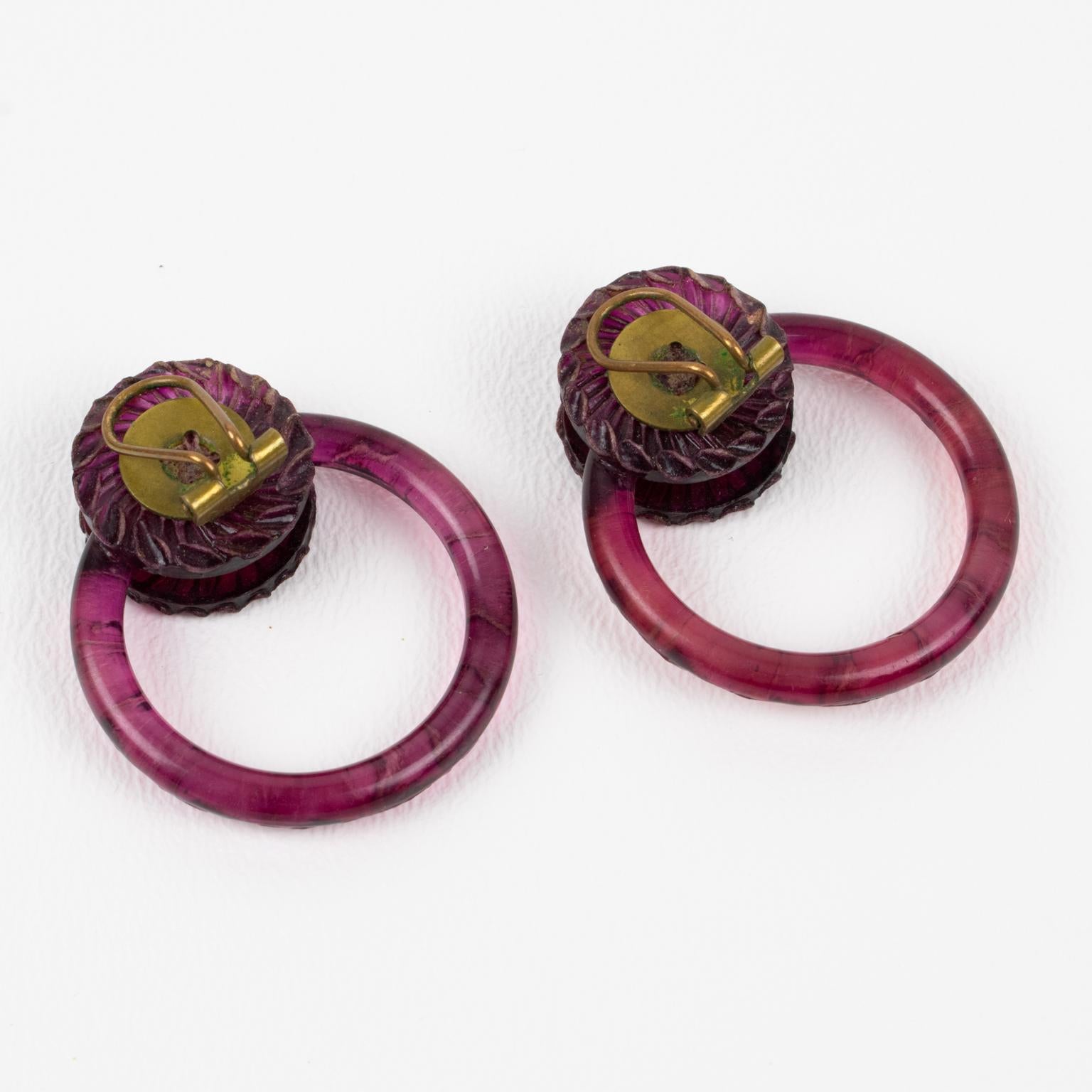 Modern Monique Vedie Paris Resin Clip Earrings Raspberry Purple Hoop For Sale