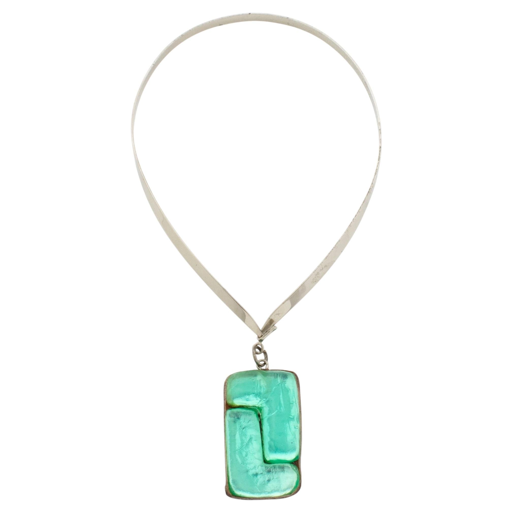 Monique Vedie Paris Turquoise Talosel and Chrome Modernist Necklace