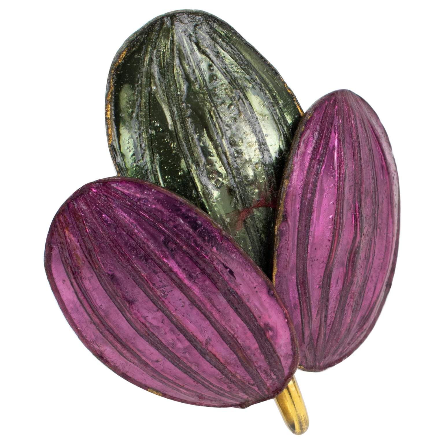 Spilla floreale Monique Vedie Talosel in resina viola e verde, Scuola Line Vautrin