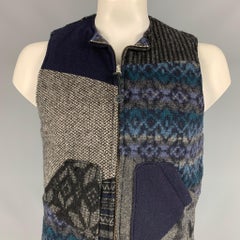 MONITALY Größe 42 Marineblaue & graue Patchwork-Weste aus Wollmischung mit Reißverschluss