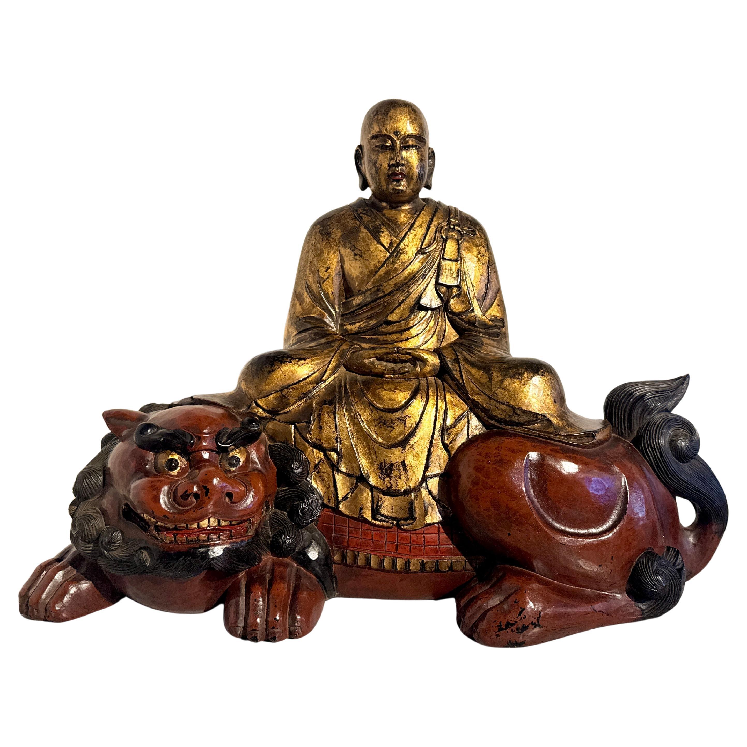 Monju Bosatsu Riding a Lion, Carved, Lacquered, Gilt Wood, Meiji Period
