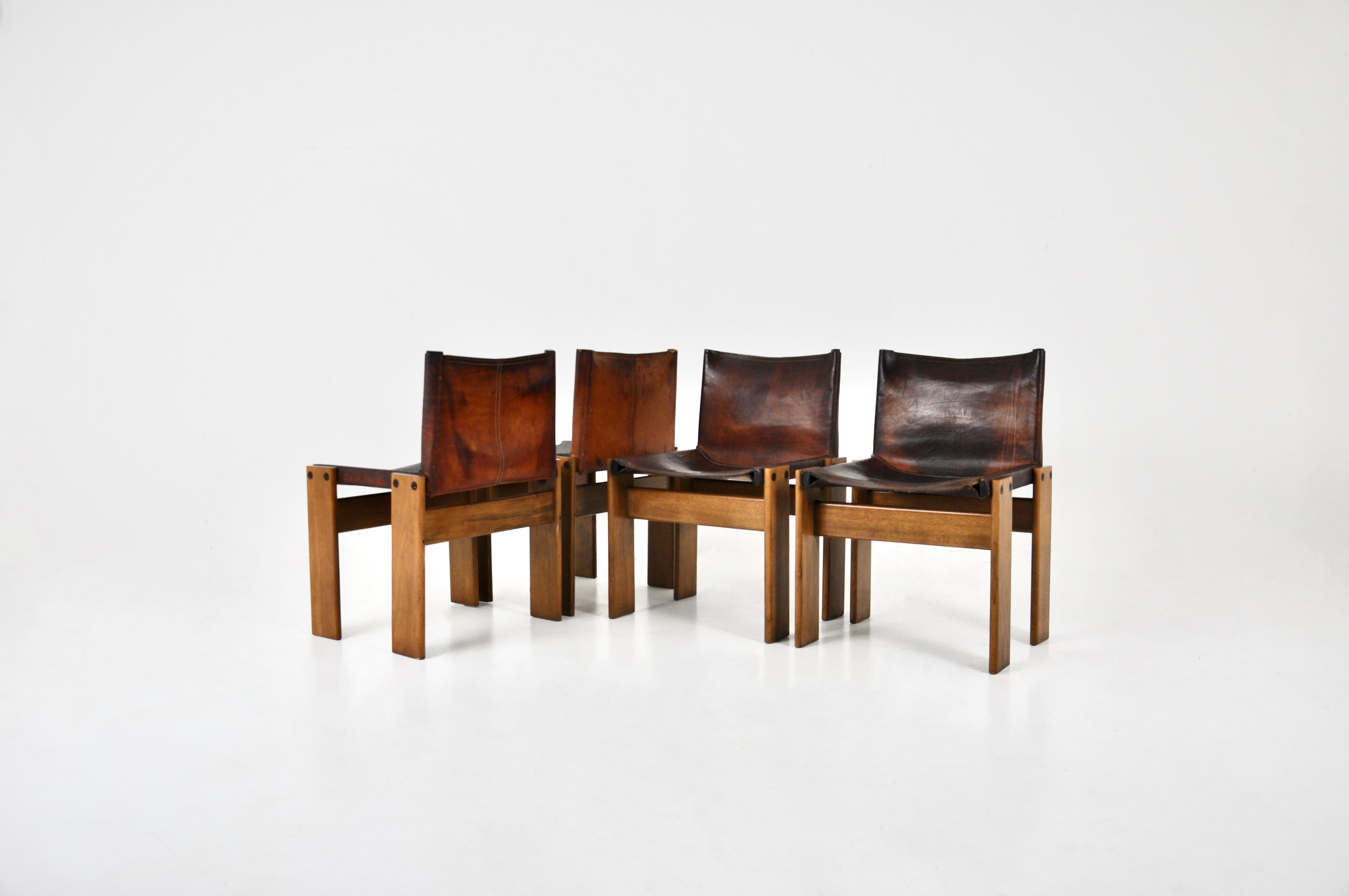 Set of 4 chairs in brown leather and wood designed by Afra & Tobia Scarpa. Model: Monk. Seat height: 43cm Wear due to time and age of the chairs.
 