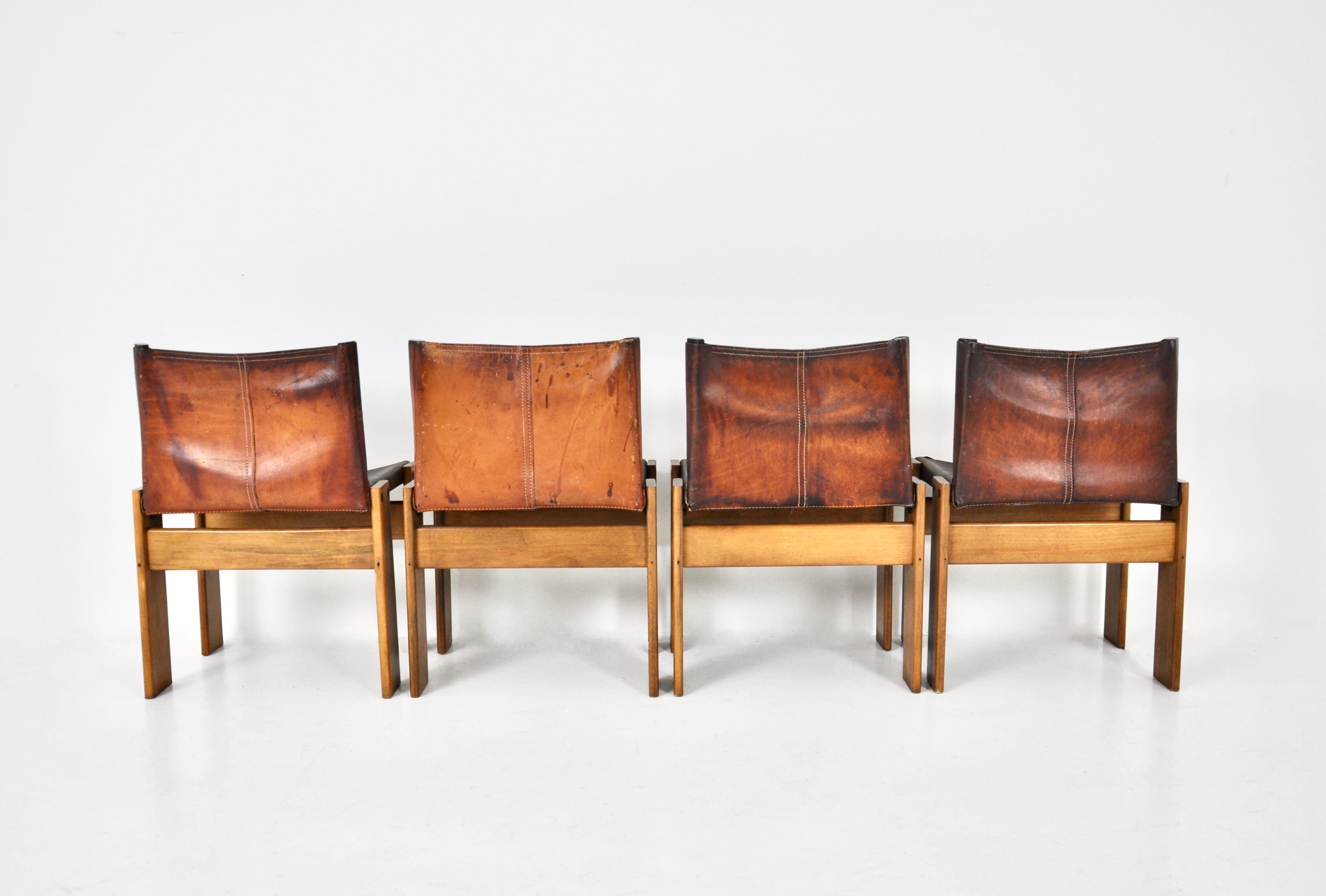 Leather Monk Dining Chairs by Afra & Tobia Scarpa for Molteni, 1970s, Set of 4 For Sale