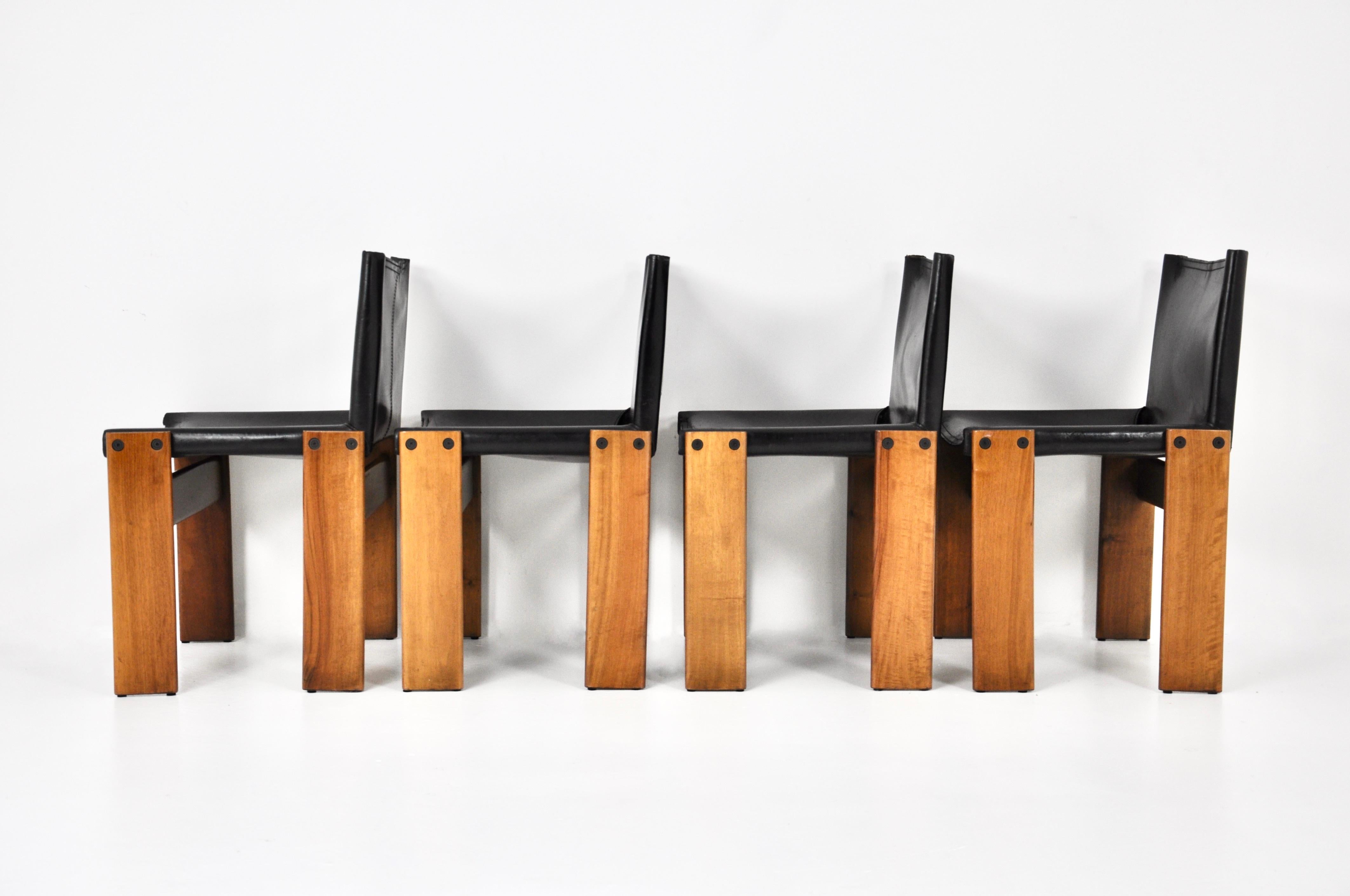 Leather Monk Dining Chairs by Afra & Tobia Scarpa for Molteni, 1970s, Set of 4 For Sale