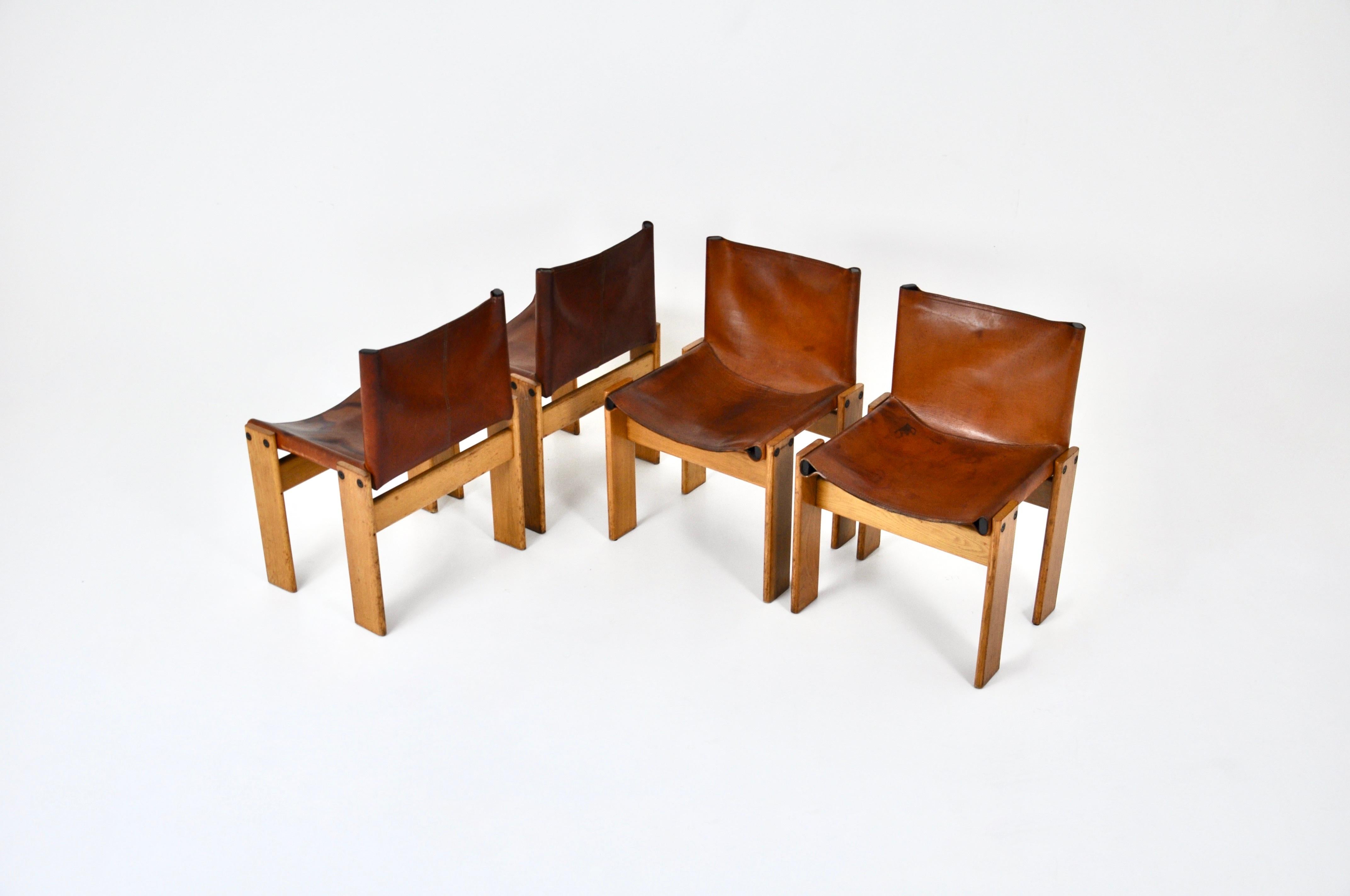 Leather Monk Dining Chairs by Afra & Tobia Scarpa for Molteni, 1970s, Set of 4