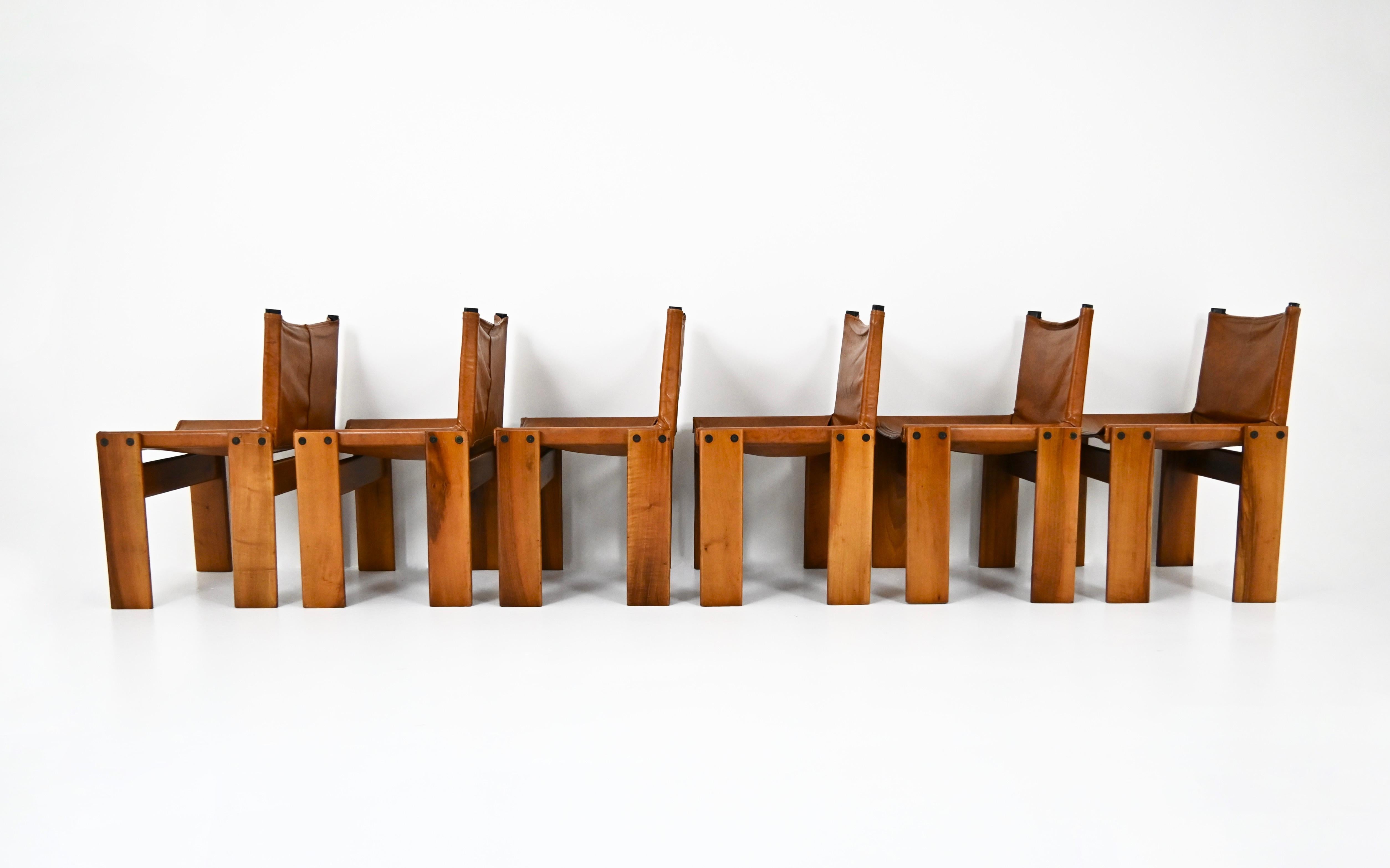 Leather Monk Dining Chairs by Afra & Tobia Scarpa for Molteni, 1970s, Set of 6