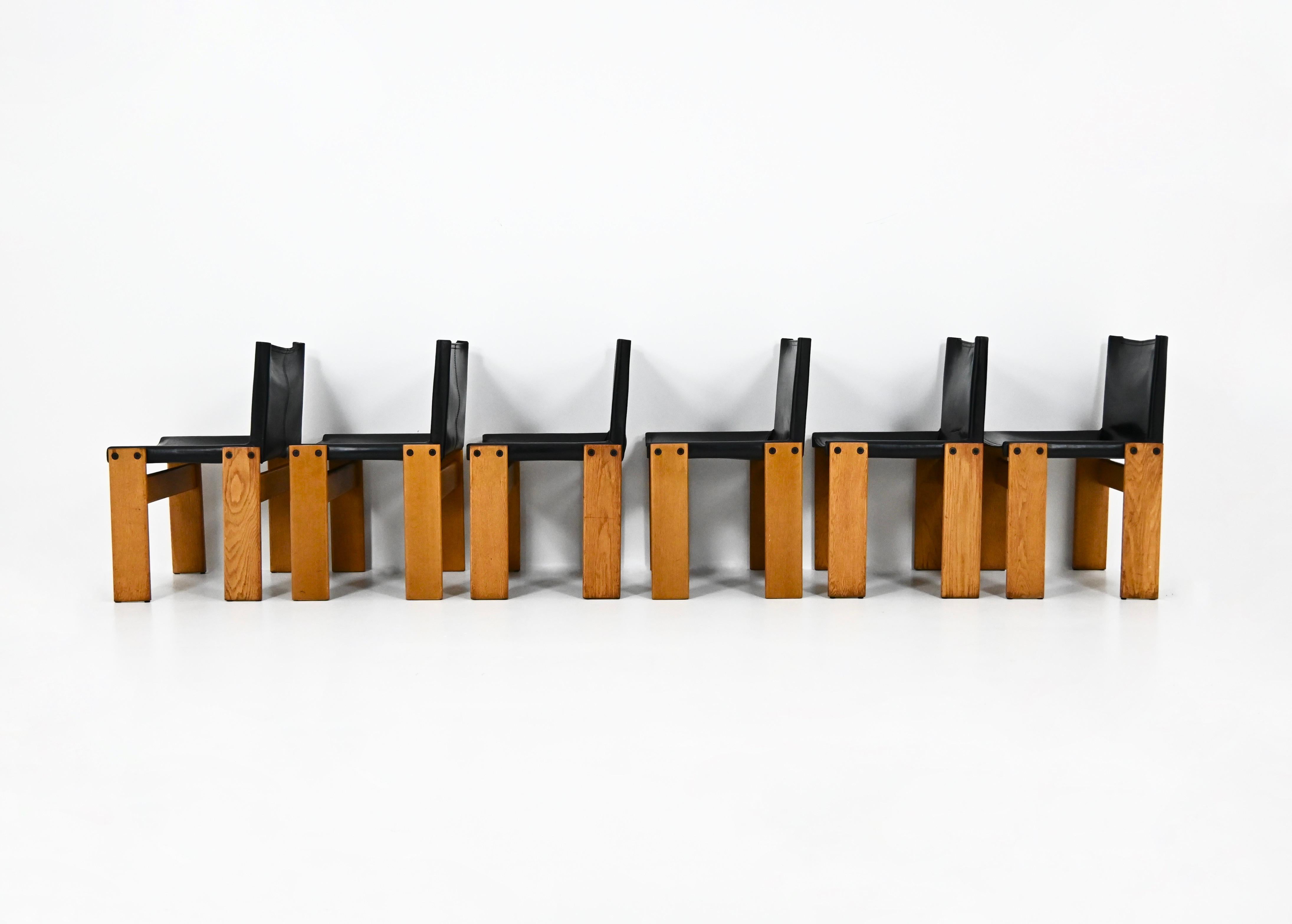 Pelle Monk Dining Chairs by Afra & Tobia Scarpa for Molteni, 1970s, Set of 6 in vendita