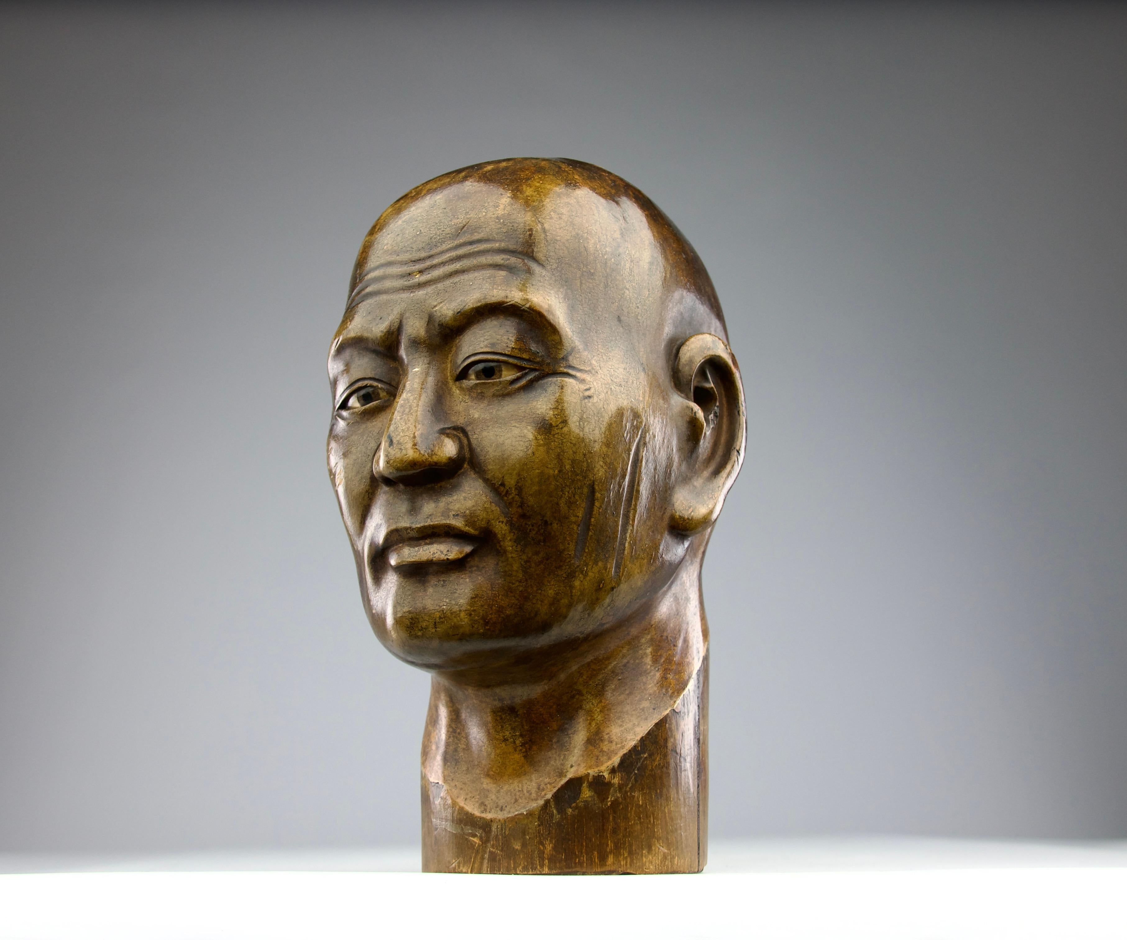 Monk Head Bamboo and Glass Sculpture, Japan 19th Century, Edo Period In Good Condition For Sale In PARIS, FR