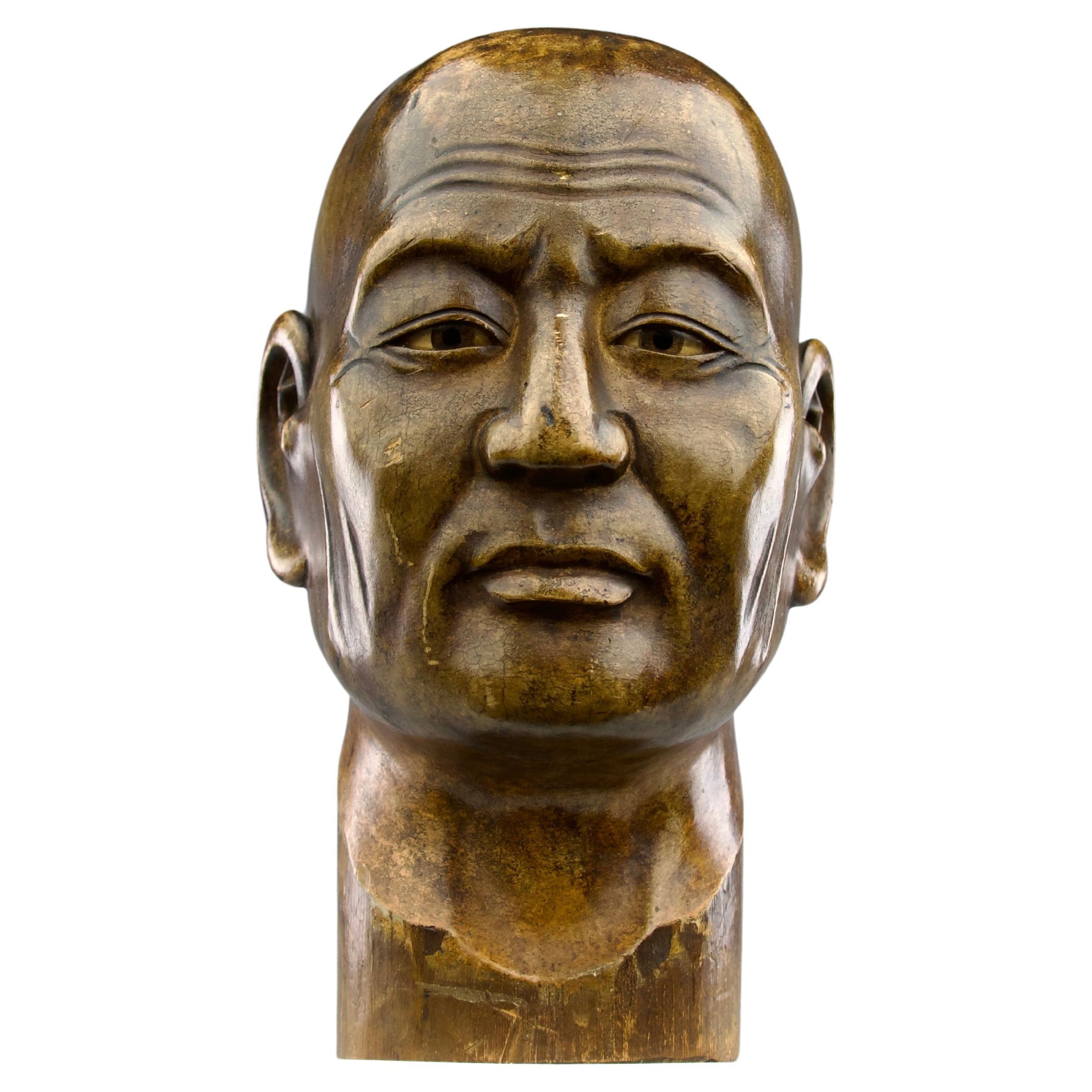 Monk Head Bamboo and Glass Sculpture, Japan 19th Century, Edo Period