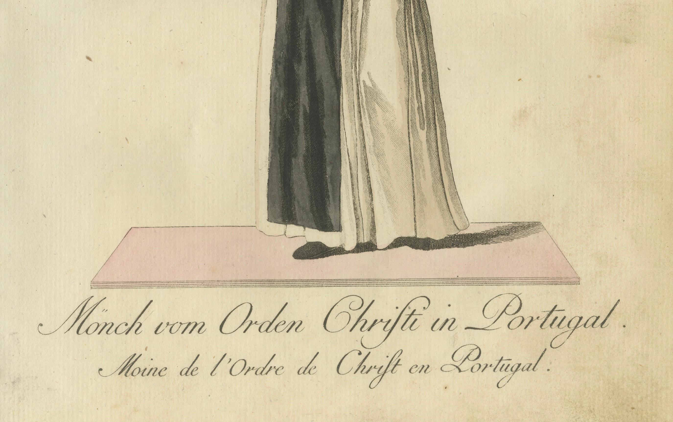 Monk of the Order of Christ in Portugal - Historic 18th-Century Engraving
  
This hand-colored engraving portrays a monk of the prestigious Order of Christ in Portugal, a Catholic chivalric order with origins rooted in the Knights Templar. The