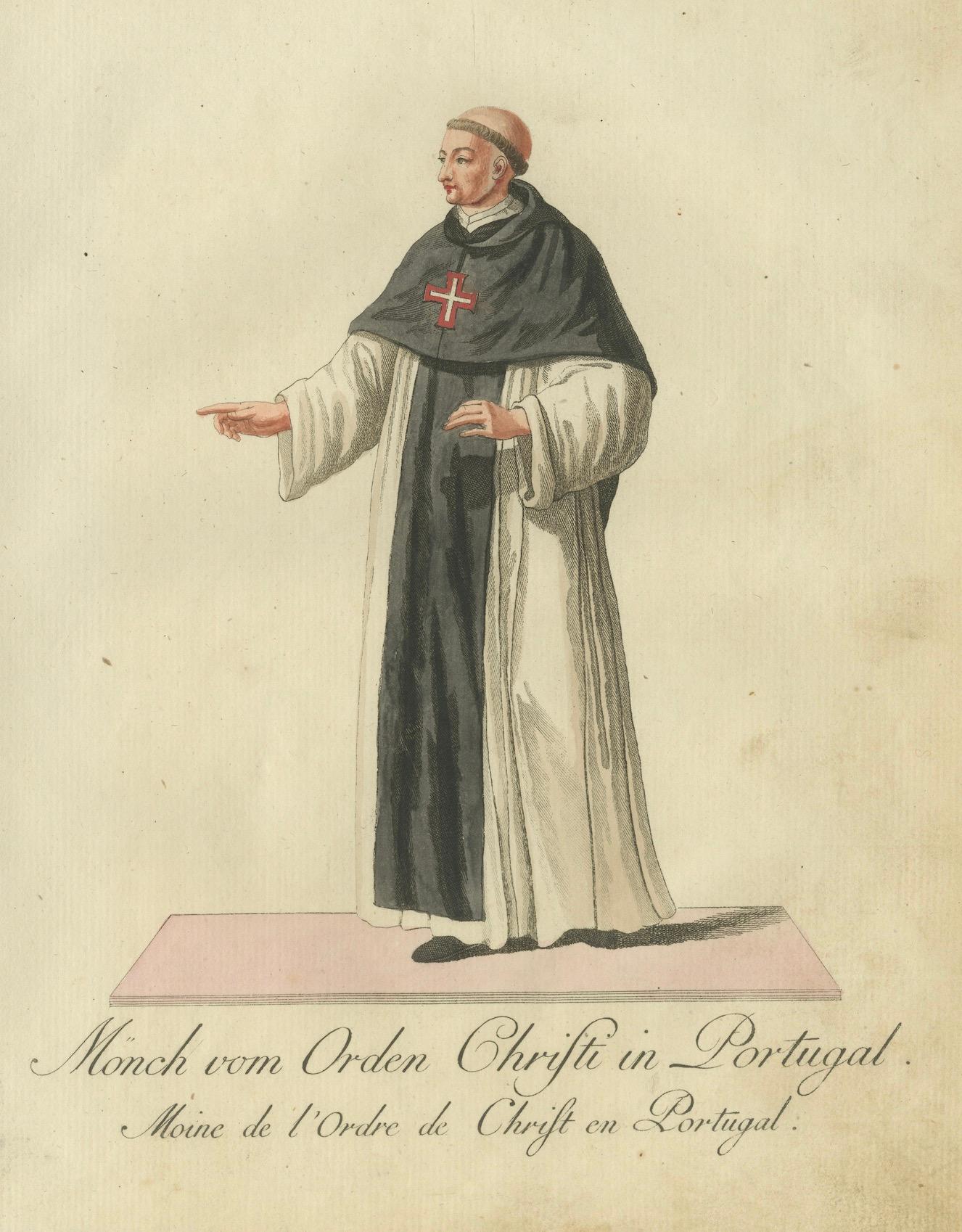 Monk of the Order of Christ in Portugal - Historic 18th-Century Engraving In Good Condition For Sale In Langweer, NL