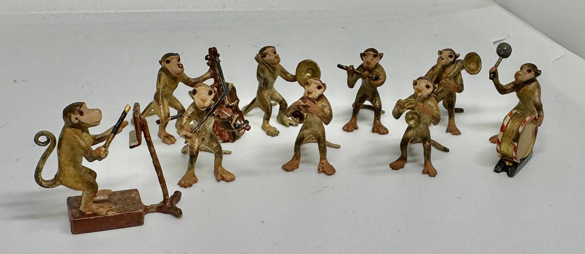 Victorian Monkey Band Austrian Vienna Bronze 9 Piece Antique circa 1900 Drum Violin Horn For Sale
