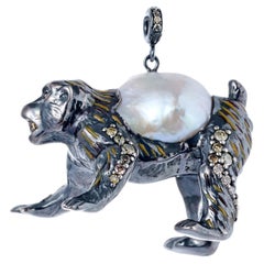 Monkey Baroque Pearl Diamond Necklace Pendant in Sterling Silver