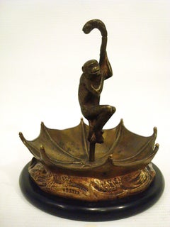 Monkey Bronze Sculture With Umbreller Jewelry Dish  / Keys / Coins Plate. France