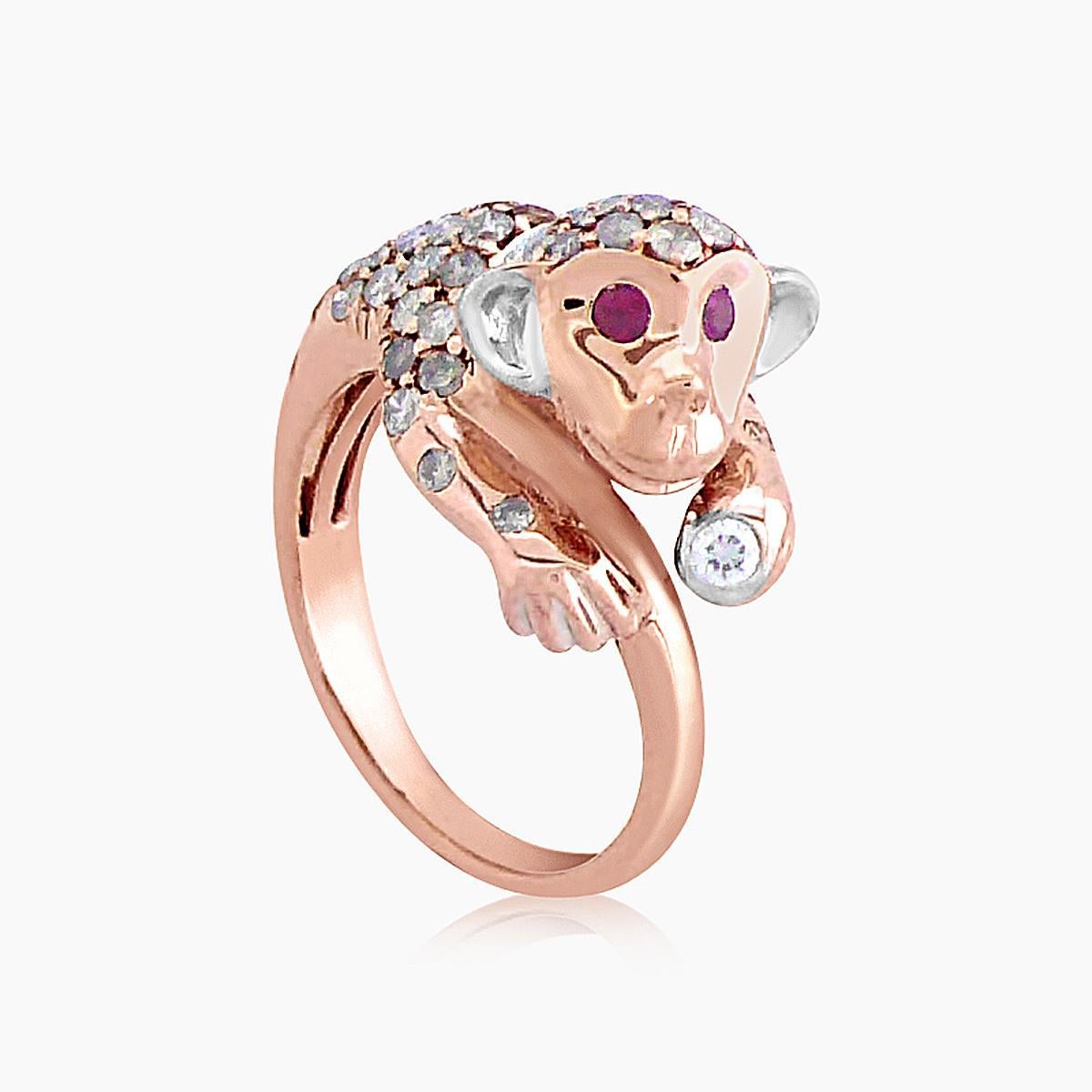 Mixed Cut Monkey Brown & White Diamond Ruby 18K Rose Gold Ring For Sale