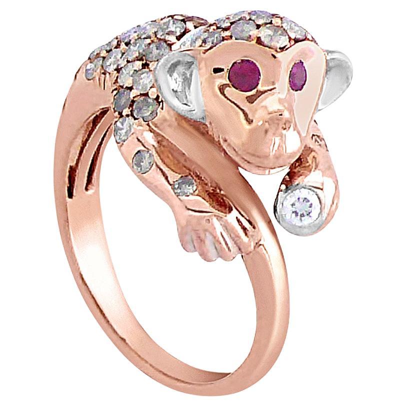 Monkey Brown & White Diamond Ruby 18K Rose Gold Ring