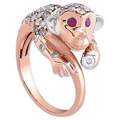 Monkey Brown & White Diamond Ruby 18K Rose Gold Ring