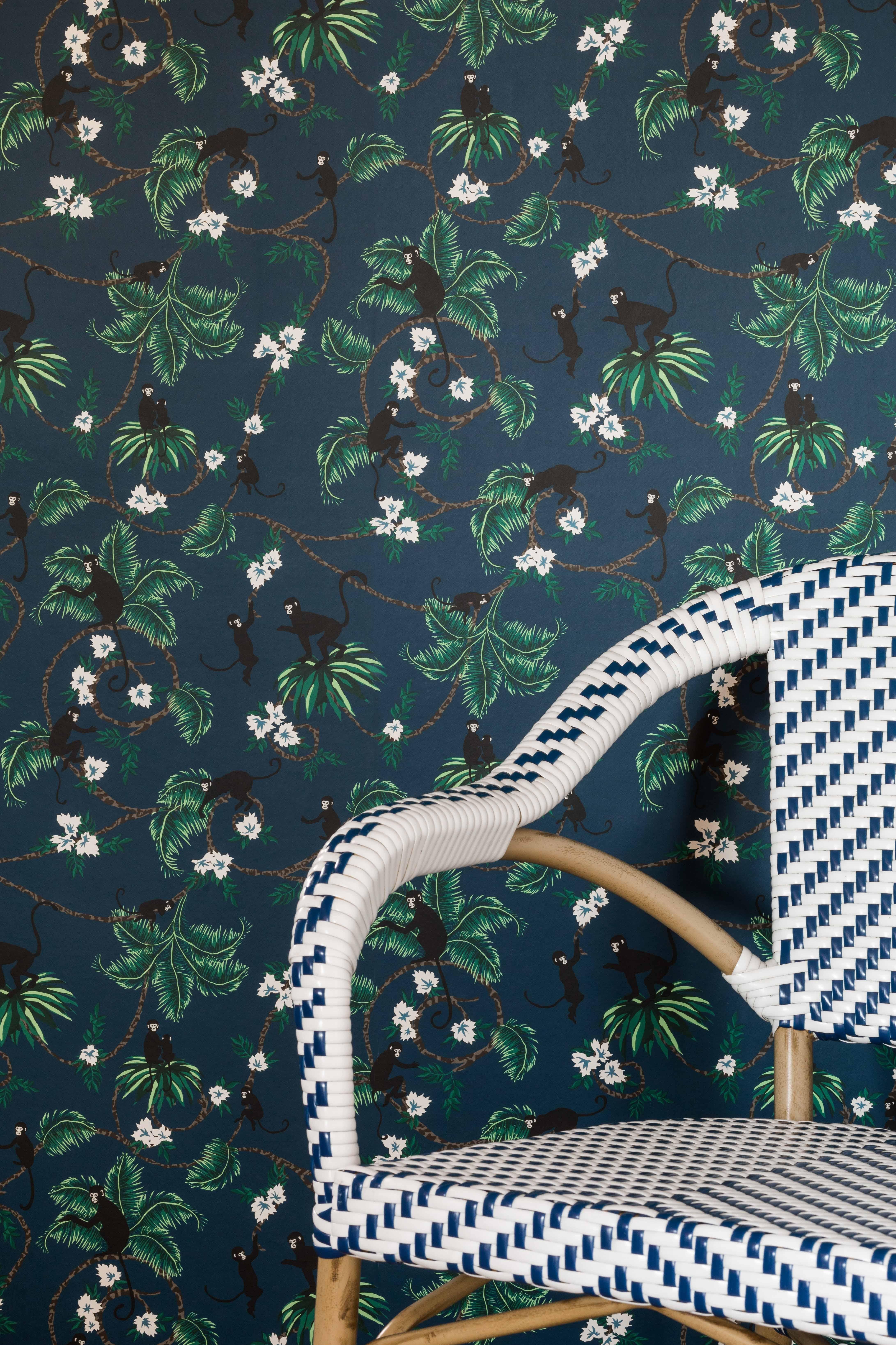Paper 'Monkey' Contemporary, Traditional Wallpaper in Dutch Blue For Sale